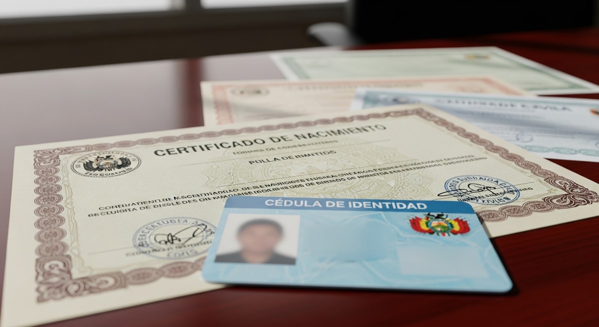 Bolivian civil registry documents including the Certificado de Nacimiento and Cedula de Identidad representing the national identity system