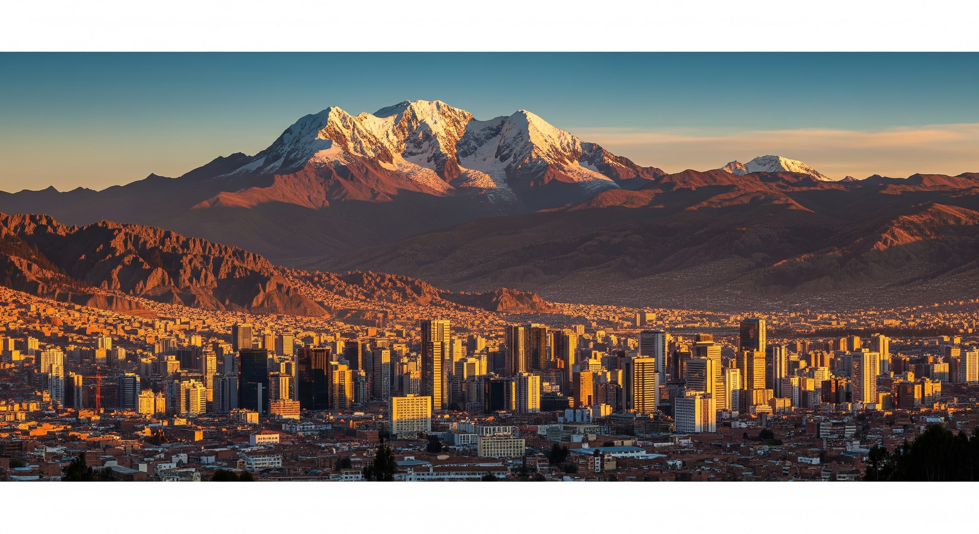 Panoramic view of La Paz with the Illimani mountain and the city skyline representing Bolivia's administrative capital and institutional landscape