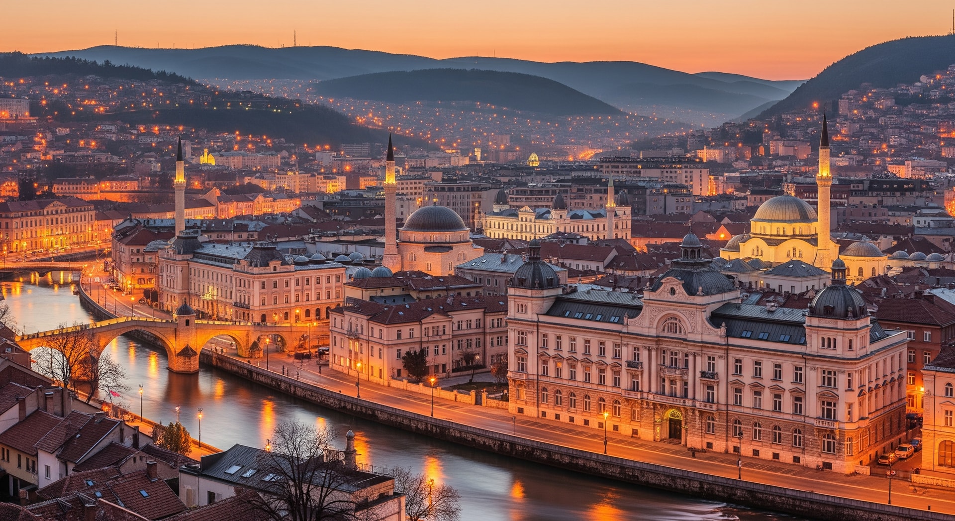 Panoramic view of Sarajevo's historic cityscape with minarets and Austro-Hungarian architecture representing Bosnia and Herzegovina's multicultural heritage