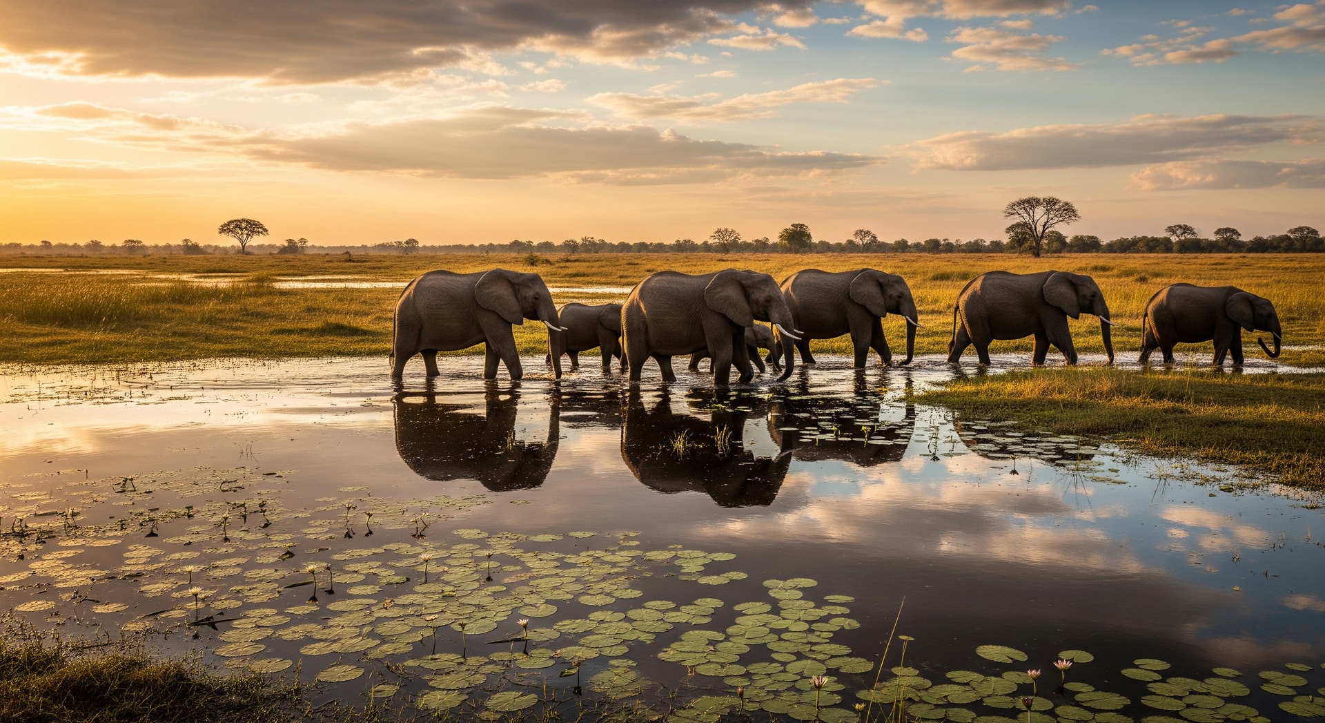 Okavango Delta wildlife landscape with elephants and pristine wetlands under African sky