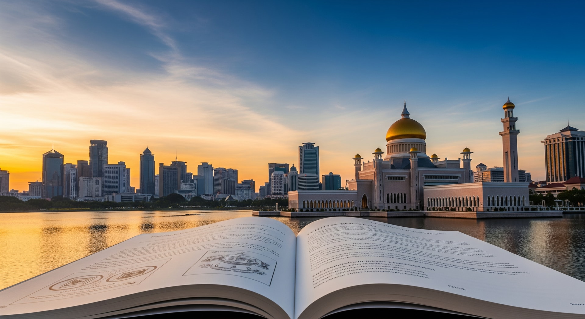 Bandar Seri Begawan skyline with the Sultan Omar Ali Saifuddien Mosque representing Brunei's administrative center
