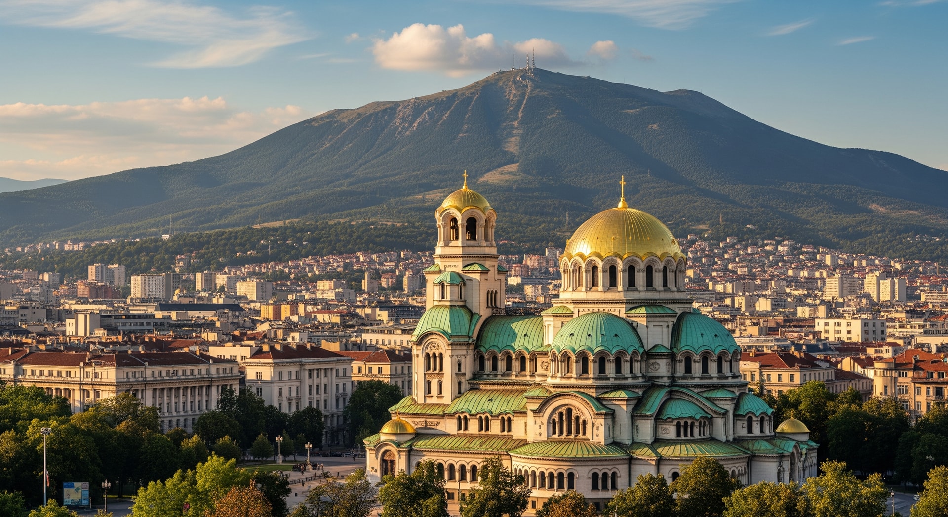 Panoramic view of Sofia with the Alexander Nevsky Cathedral and Vitosha Mountain representing Bulgaria's cultural and institutional heritage