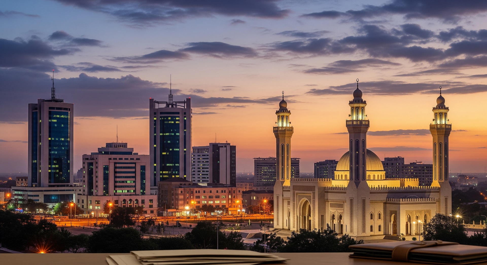 Ouagadougou skyline with Grand Mosque and modern city architecture under Sahel sky