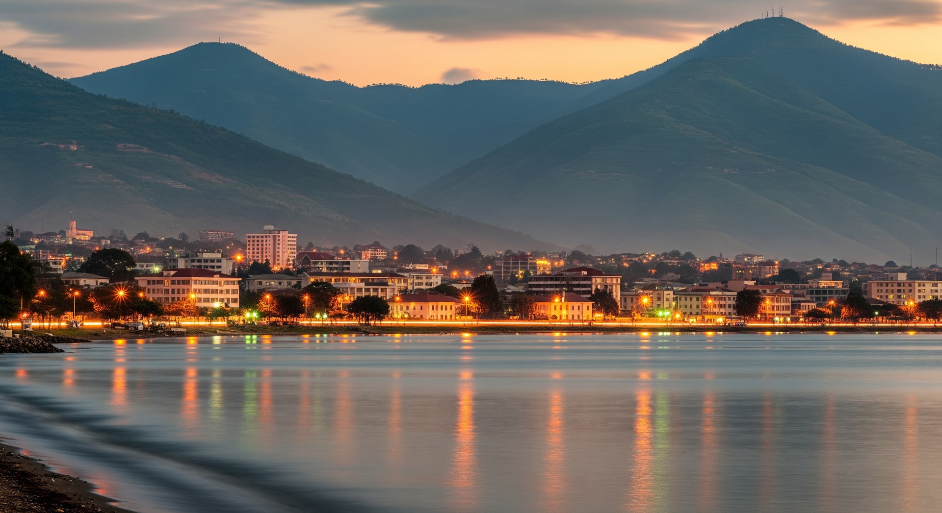 Bujumbura cityscape with Lake Tanganyika shoreline and mountains of the Great Rift Valley