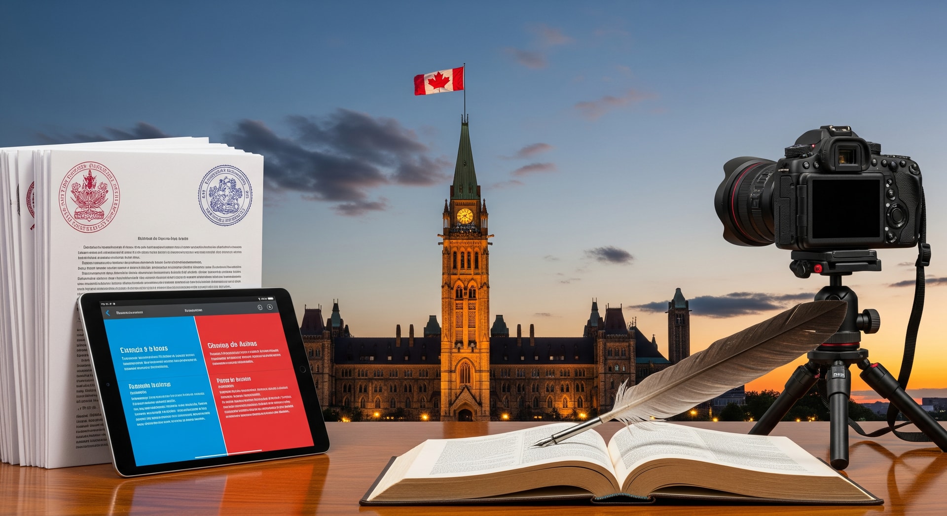 Parliament Hill in Ottawa with the Peace Tower and Canadian flag representing Canada as a bilingual nation with international document translation needs
