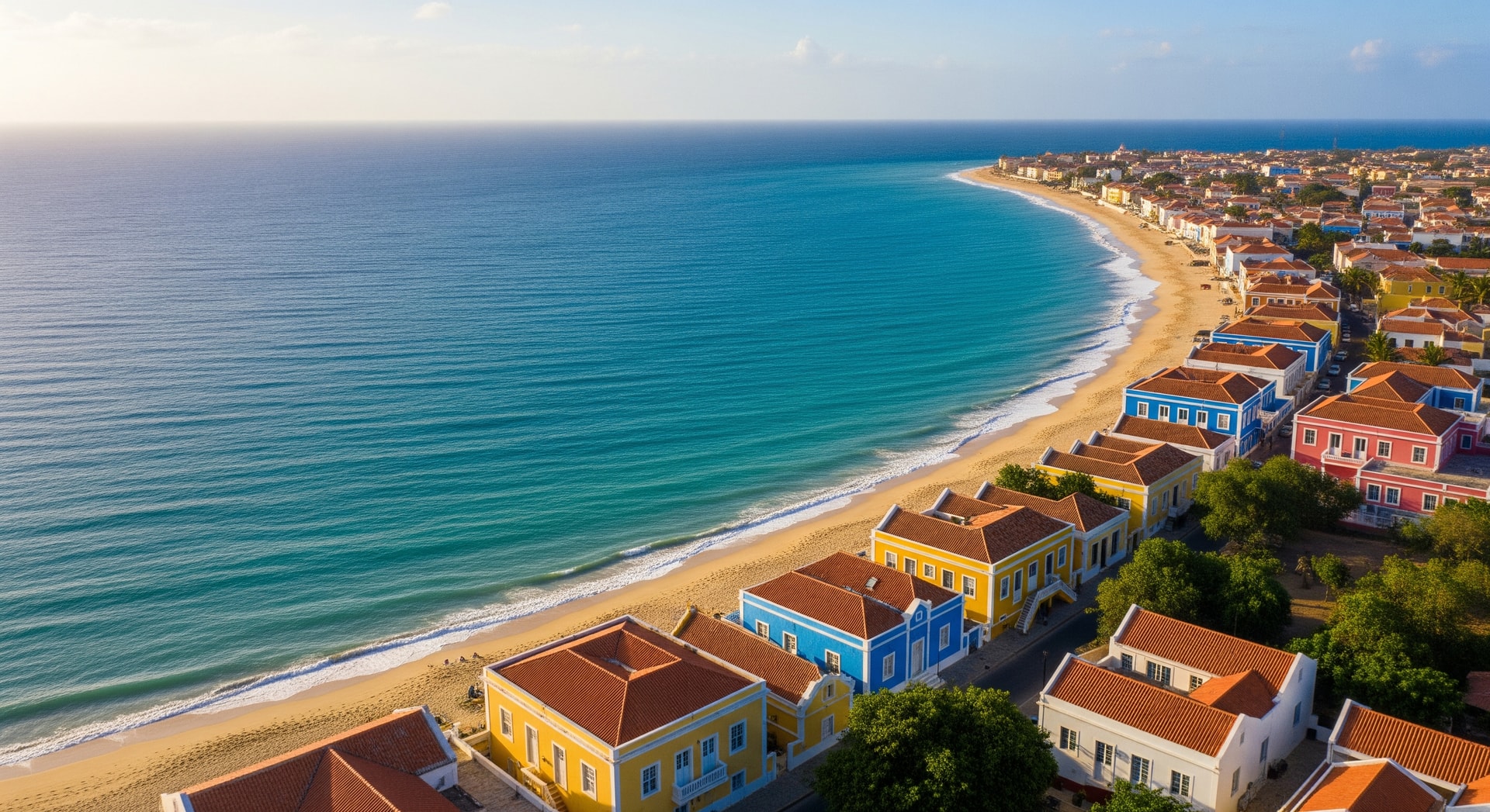 Aerial view of Cape Verde coastline with vibrant blue ocean and traditional Portuguese colonial architecture