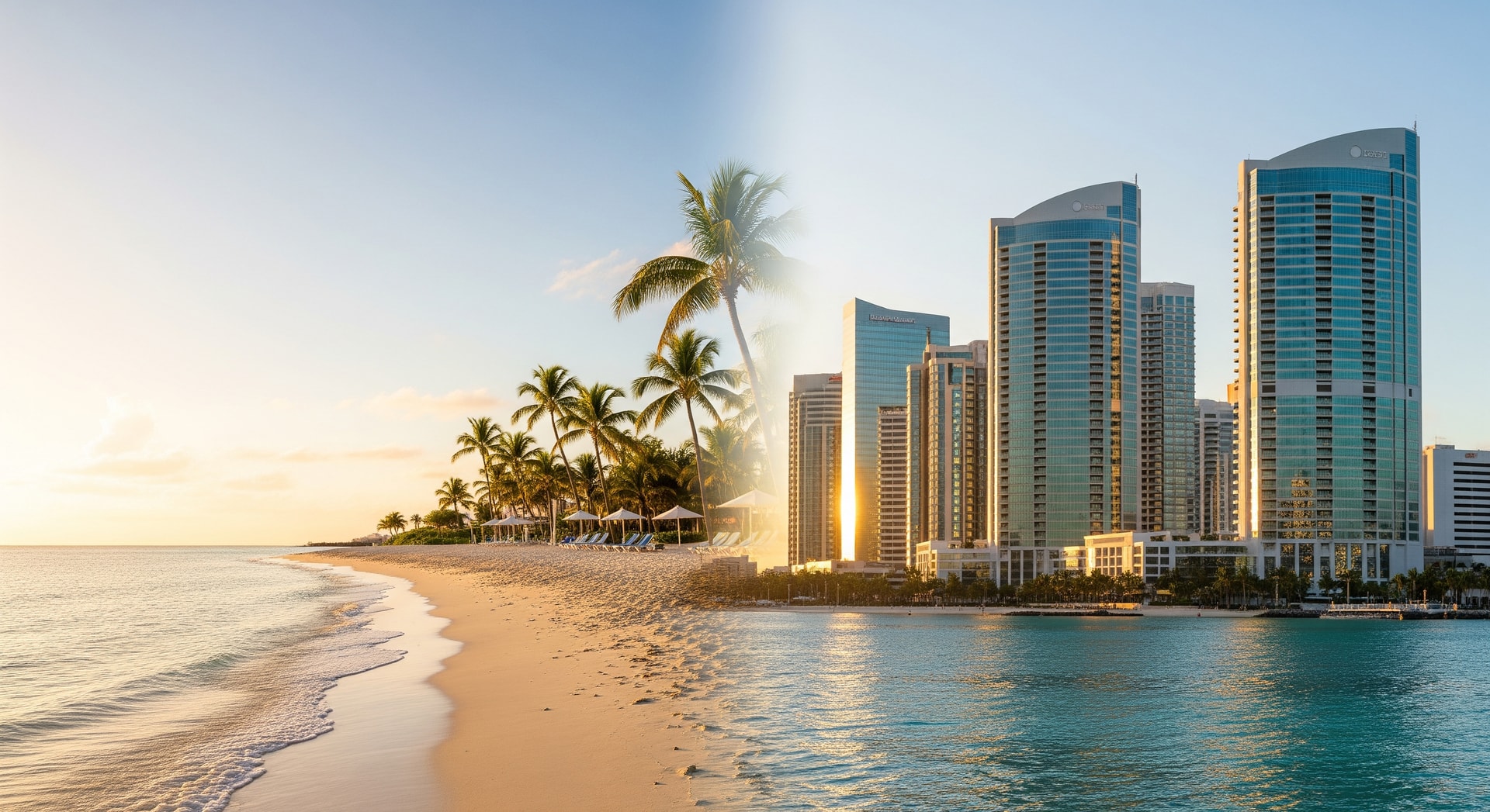 Seven Mile Beach and corporate towers of Grand Cayman representing the Cayman Islands as both a tourist destination and global financial centre