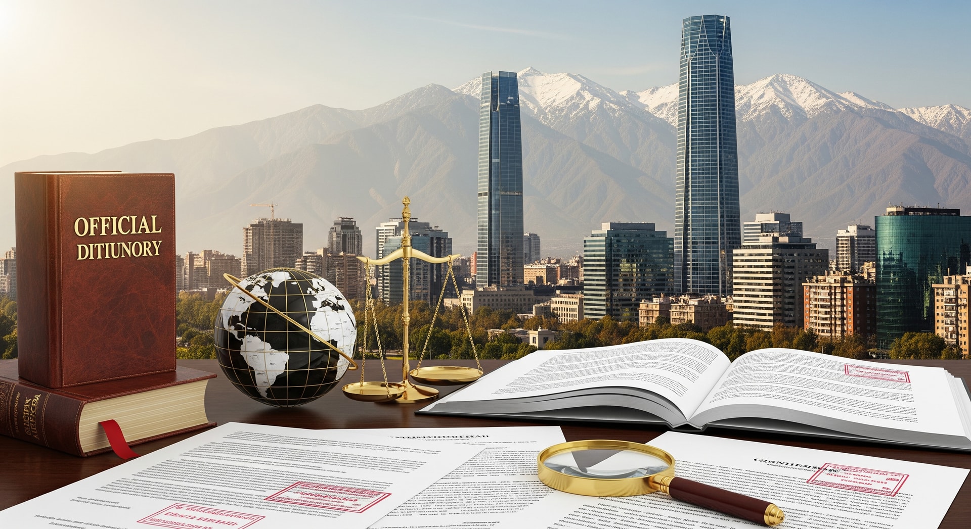 Santiago de Chile skyline with the Andes mountains in the background representing Chile's modern institutions and document services