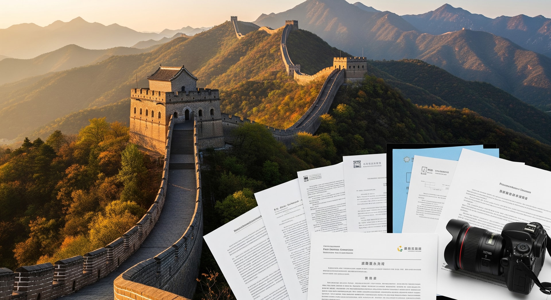 The Great Wall of China stretching across mountain ridges representing China as a source of international document translation needs