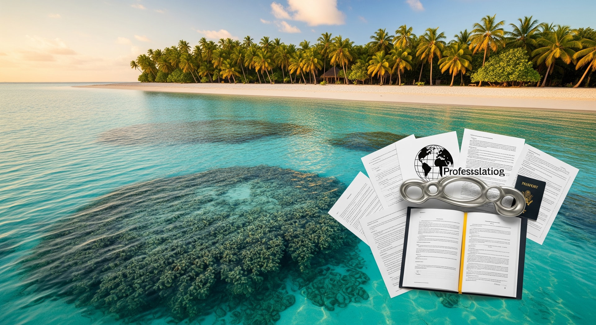 Pristine lagoon and coral atoll of the Cocos Keeling Islands representing official document translation services for this Australian territory