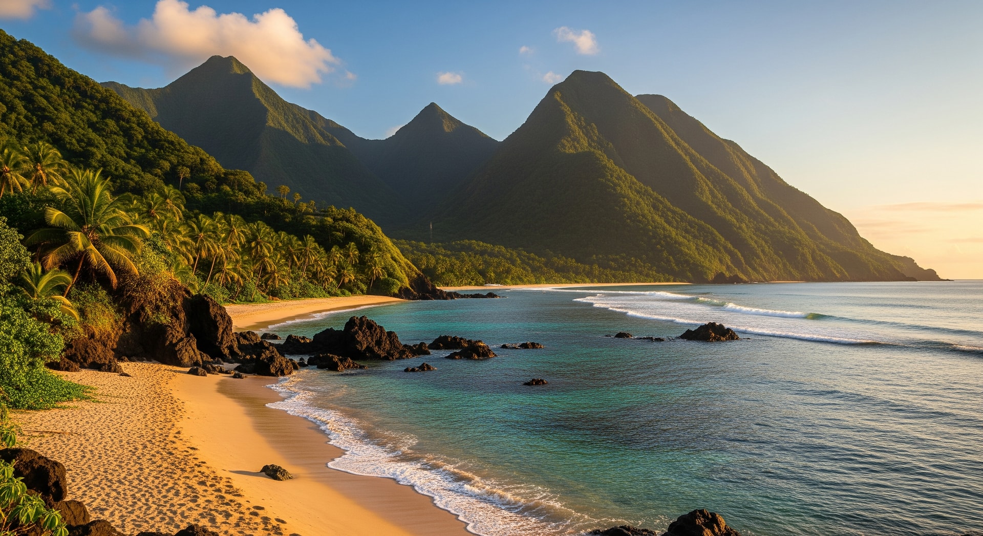 Tropical islands of Comoros with volcanic peaks and Indian Ocean coastline