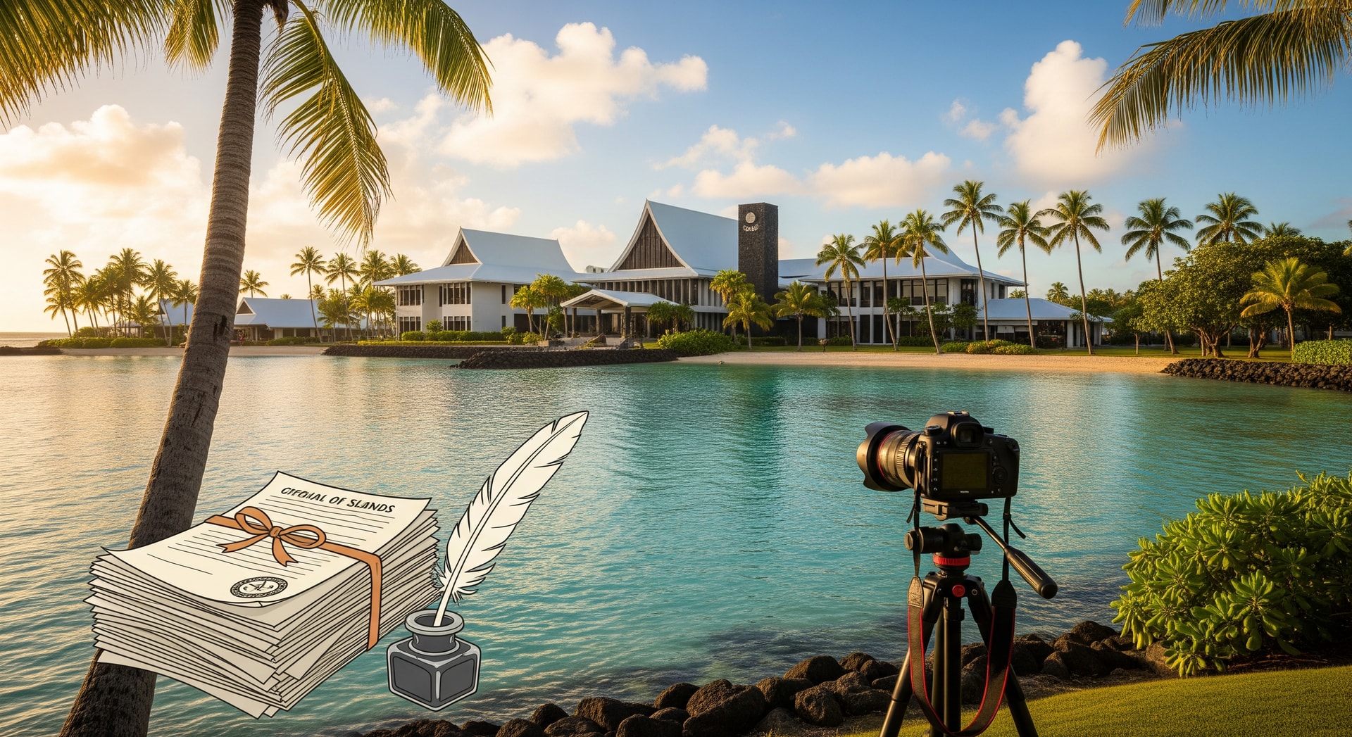 Lagoon view of Rarotonga in the Cook Islands with government buildings representing official Cook Islands document translation services