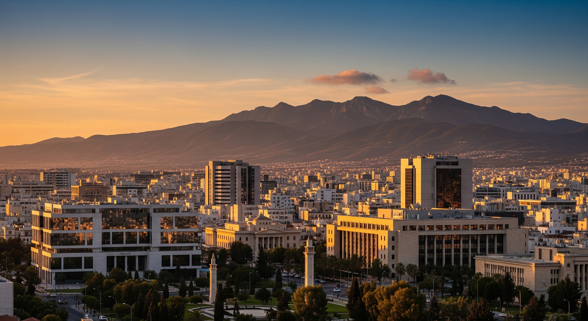 Nicosia skyline with government buildings and the Pentadaktylos mountain range representing Cyprus's administrative center