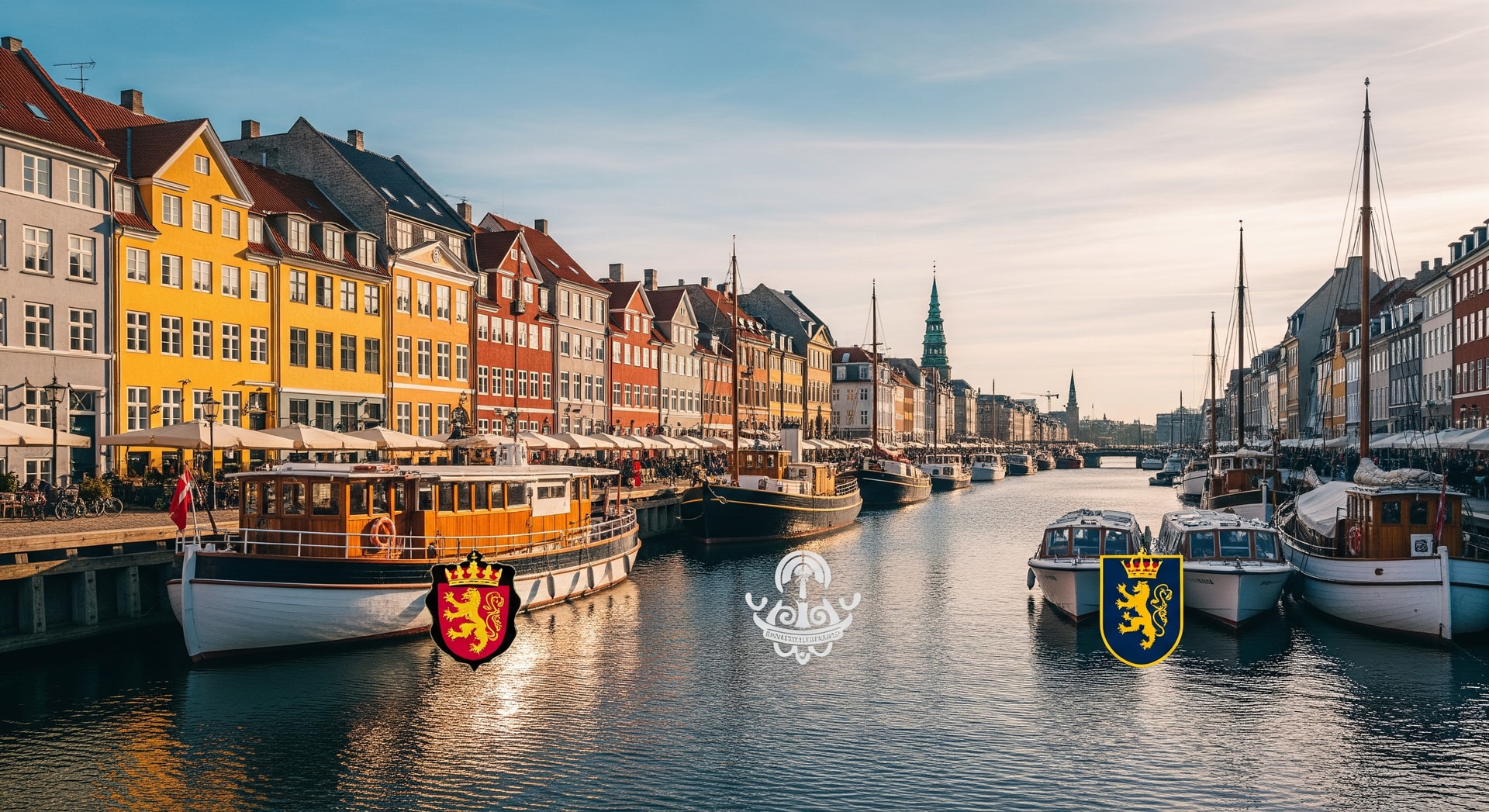 Copenhagen waterfront with Nyhavn colorful townhouses and canal boats representing Denmark's historic institutions and modern administration
