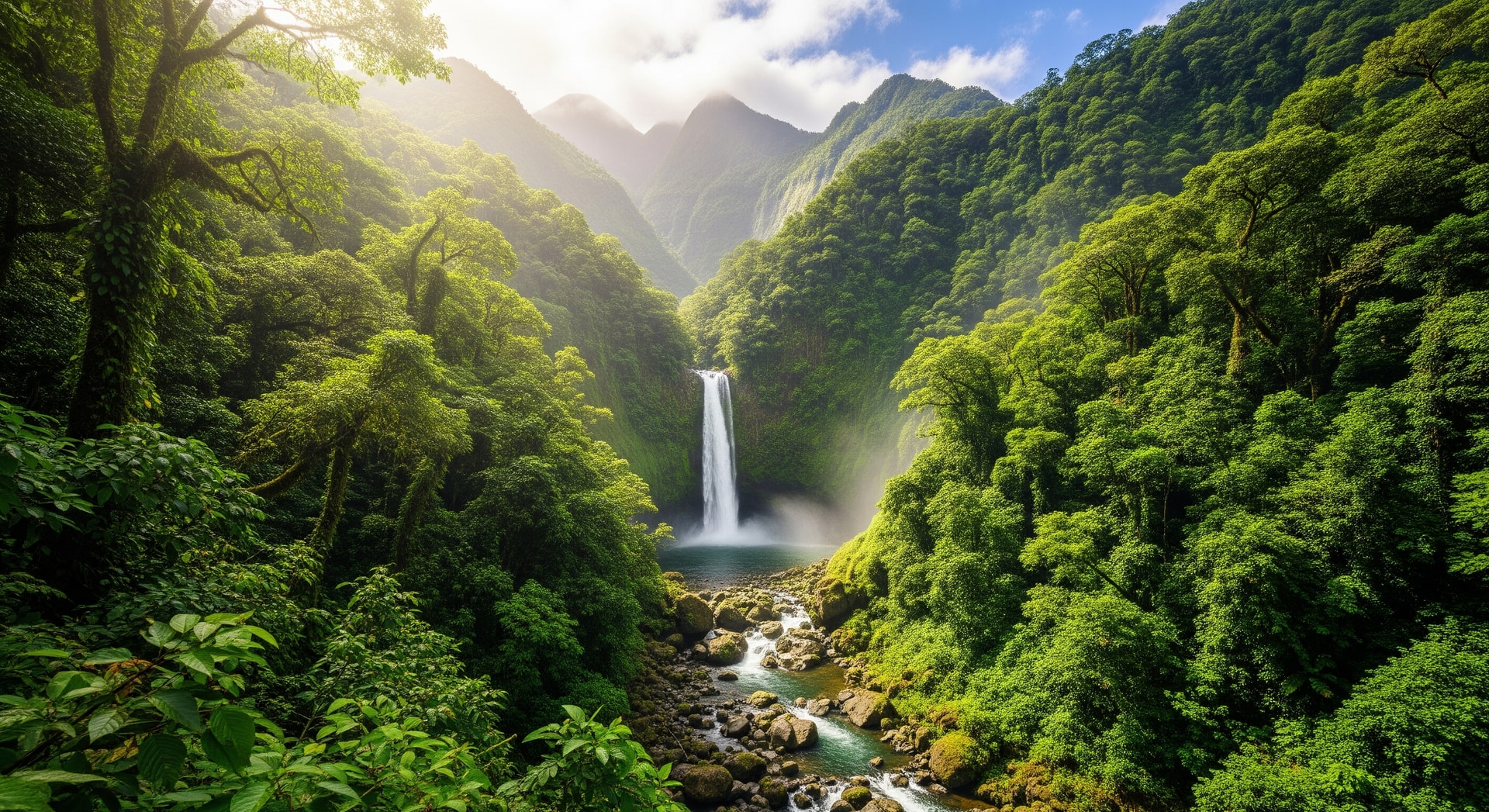 Lush rainforest landscape of Dominica with waterfalls and mountainous terrain