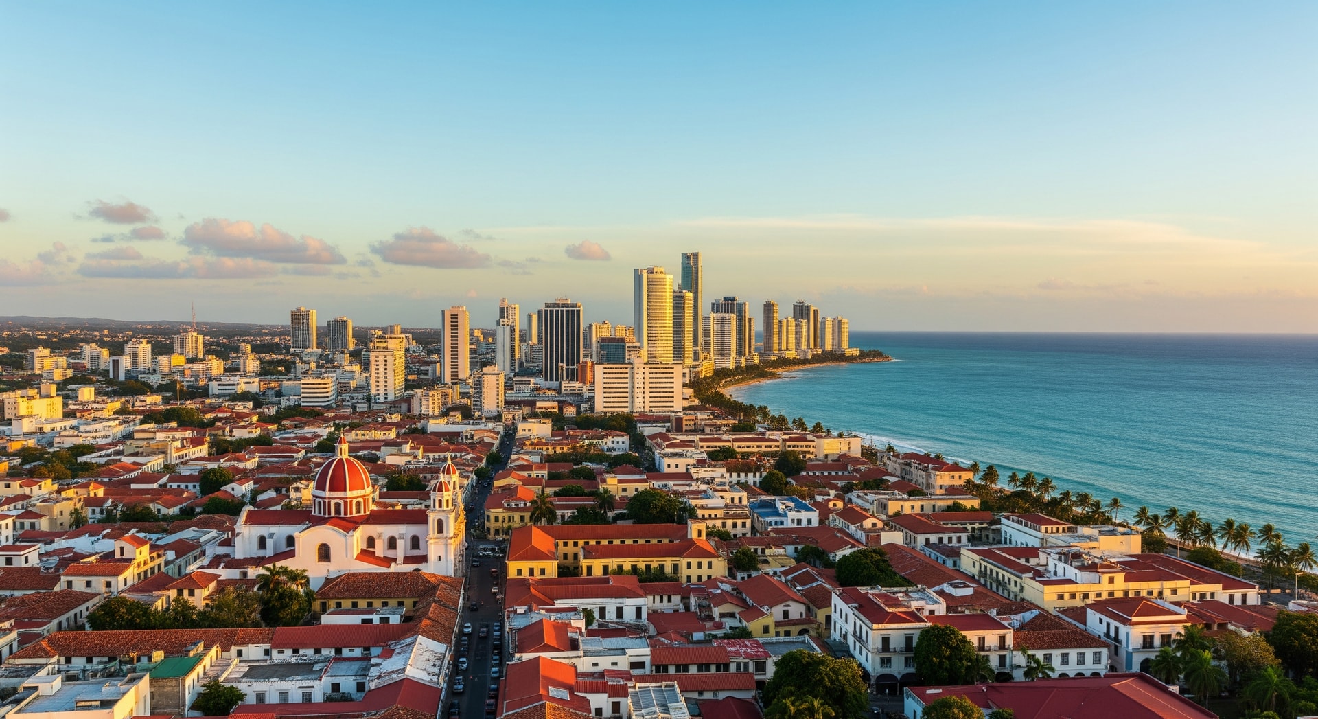 Santo Domingo skyline with the colonial Zona Colonial district and Caribbean coastline representing the Dominican Republic's rich cultural and institutional heritage