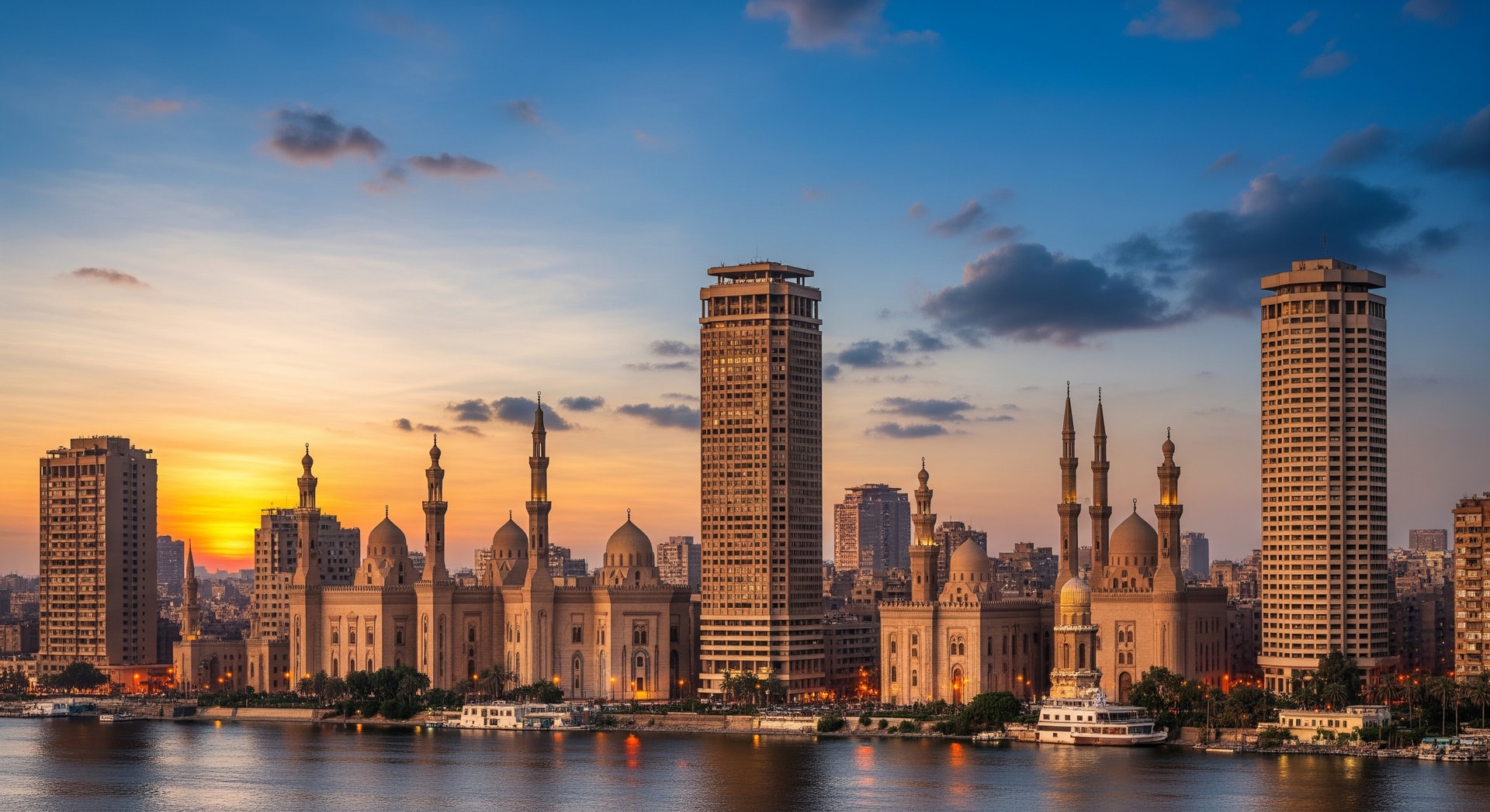 Cairo skyline with the Nile River at sunset showing a blend of historic mosques and modern high-rise buildings representing Egypt's cultural and institutional heritage