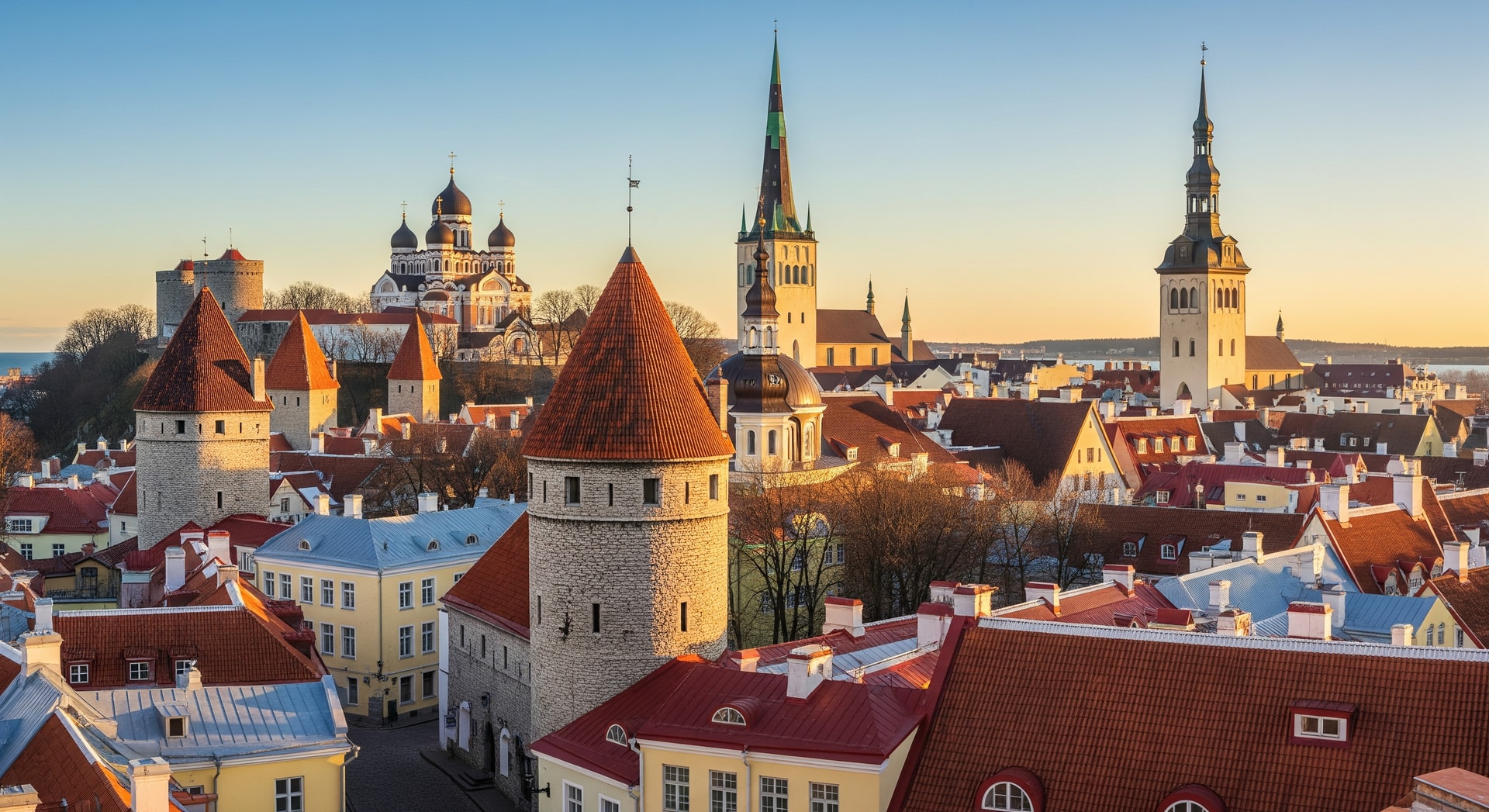 Panoramic view of Tallinn Old Town with medieval towers and Toompea Hill representing Estonia's rich cultural and administrative heritage