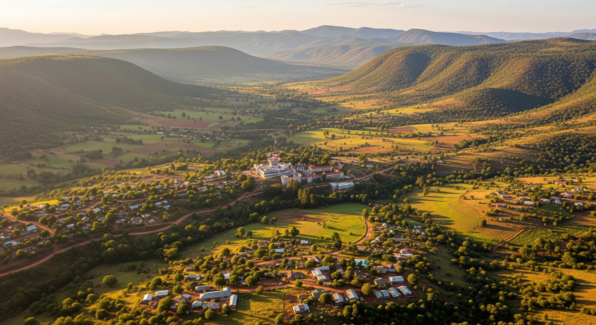 Aerial view of the Kingdom of Eswatini landscape with the Ezulwini Valley and royal palace representing this landlocked southern African nation