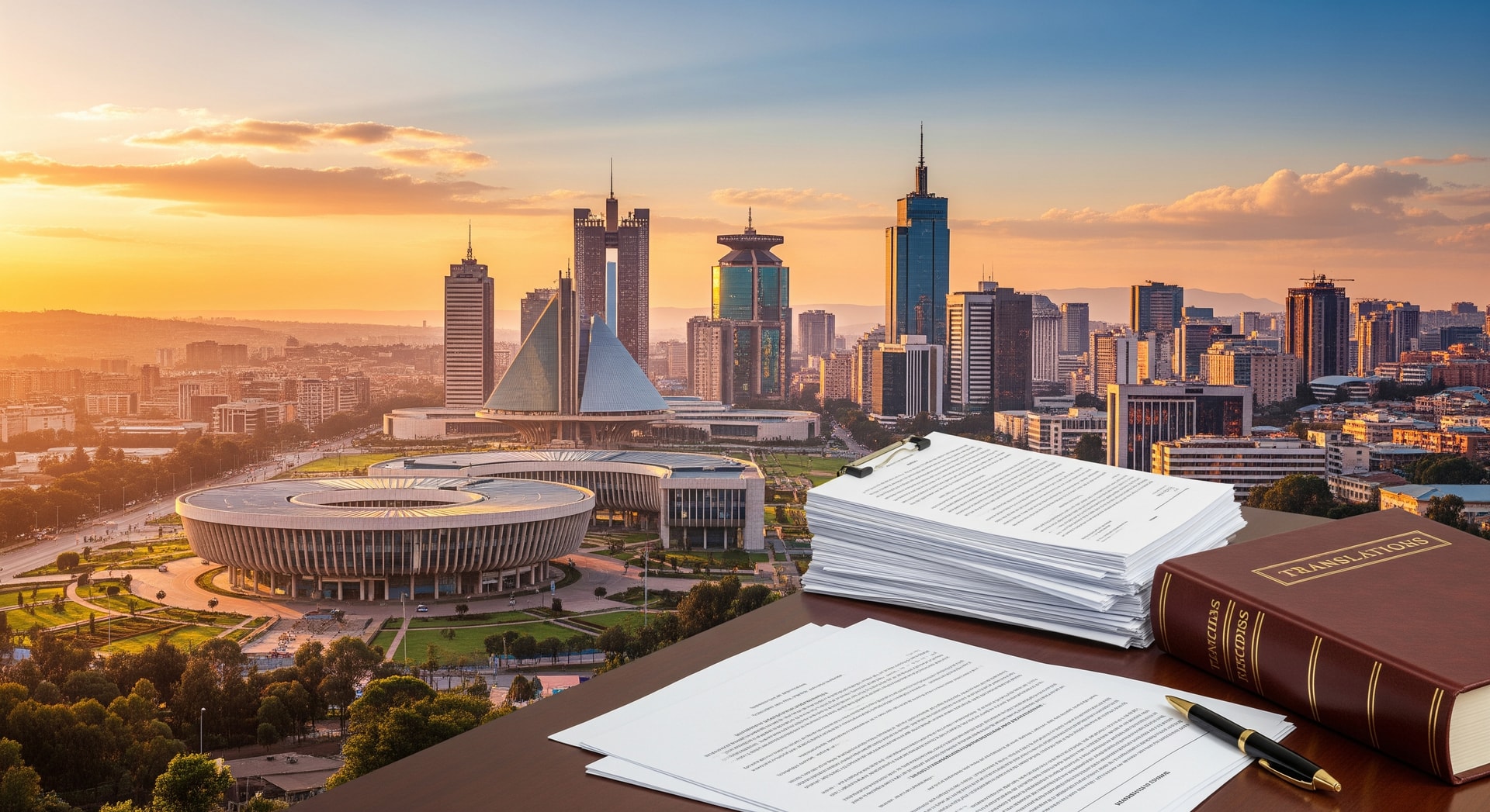 Panoramic view of Addis Ababa with the African Union headquarters and modern city skyline representing Ethiopia's capital
