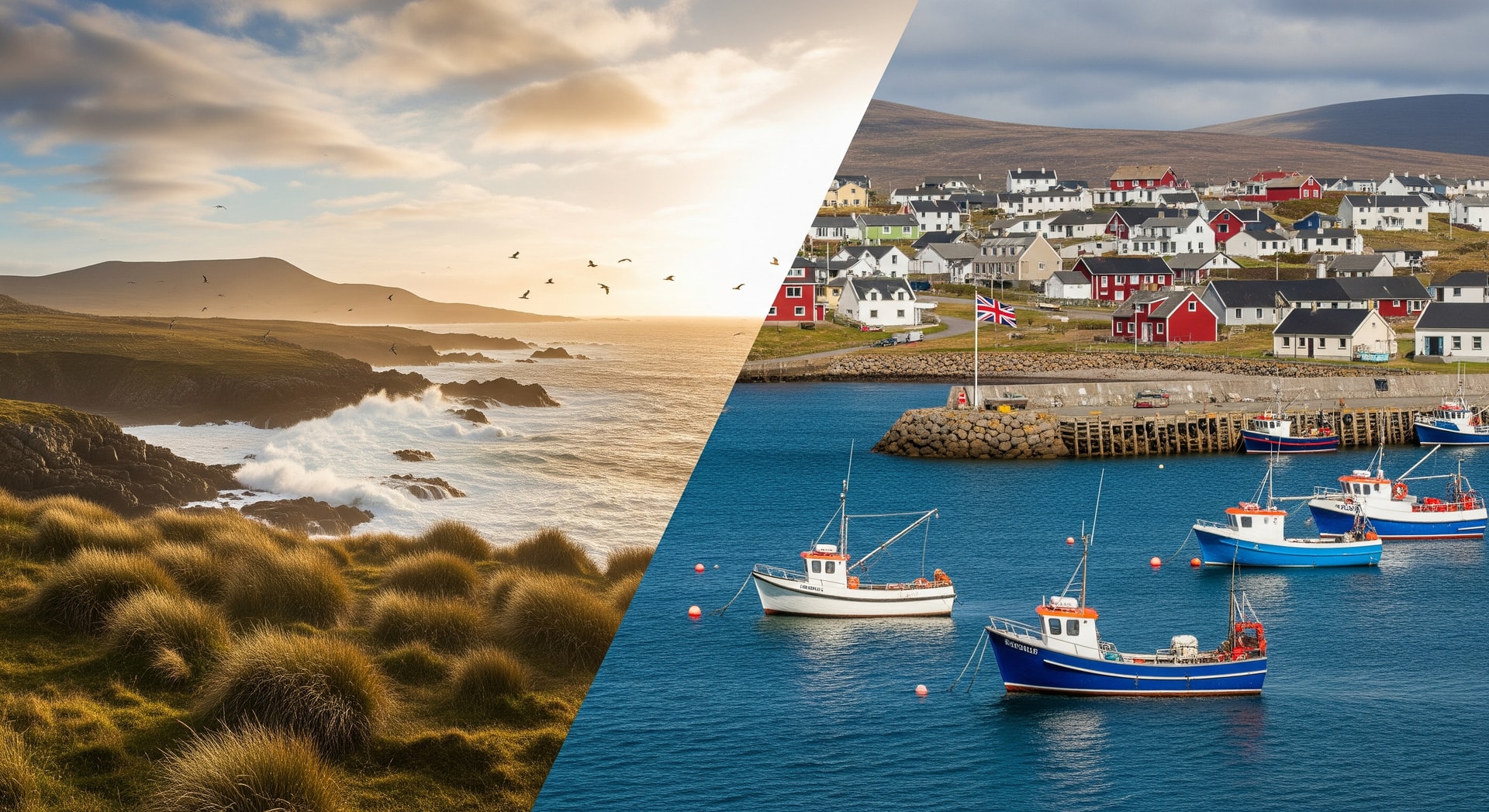 Falkland Islands coastline and Stanley Harbour representing the remote South Atlantic British Overseas Territory