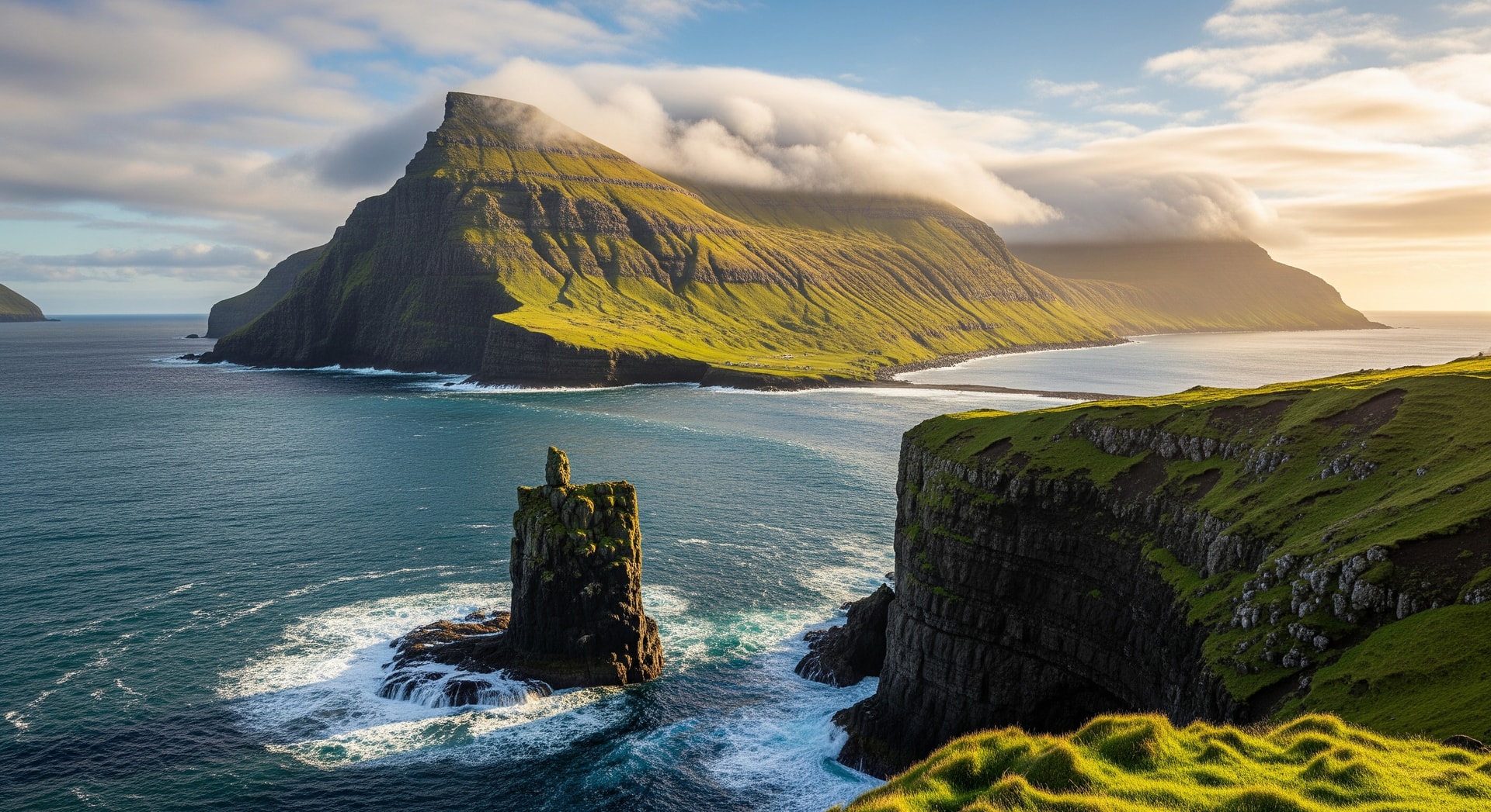 Dramatic Faroe Islands landscape with steep cliffs and North Atlantic Ocean representing the self-governing archipelago within the Kingdom of Denmark