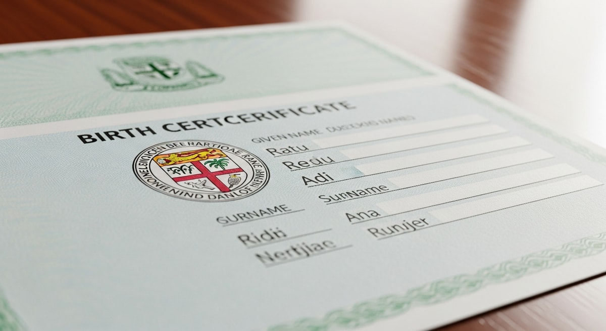 Fijian birth certificate in English with multilingual name elements and official government seal