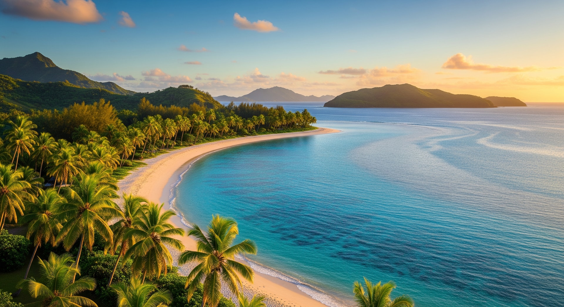 Tropical Fijian islands with palm trees and turquoise Pacific Ocean waters