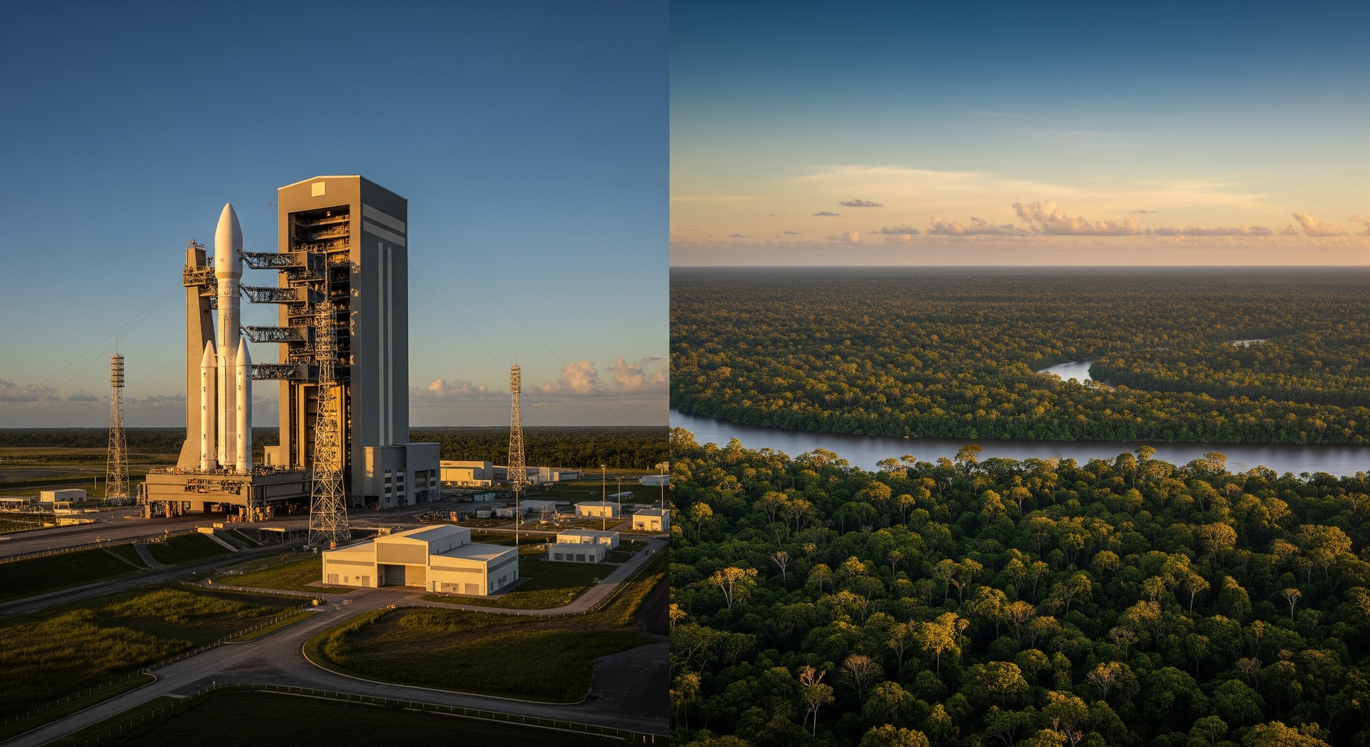 Guiana Space Centre in Kourou and the Amazonian rainforest of French Guiana representing this unique French overseas department on the South American mainland