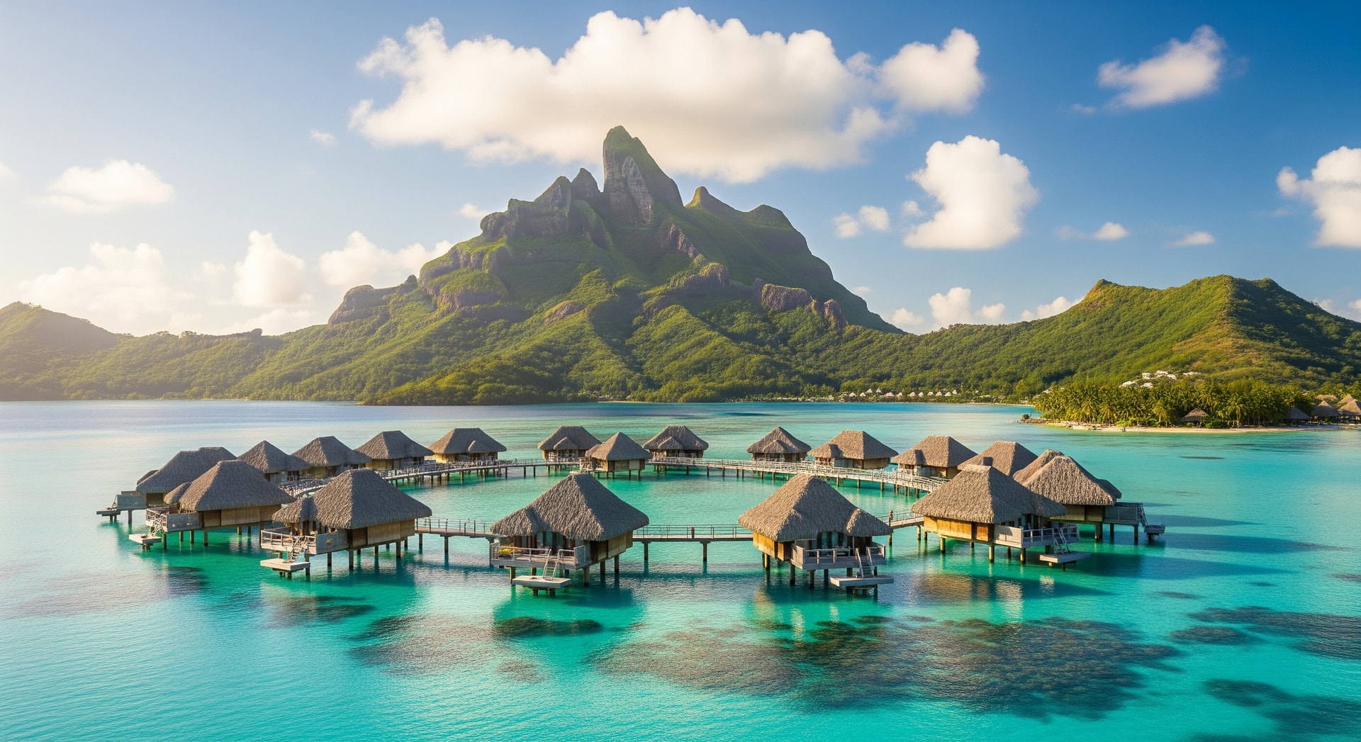 Bora Bora lagoon with its iconic overwater bungalows and volcanic peak representing French Polynesia, the French overseas collectivity in the South Pacific
