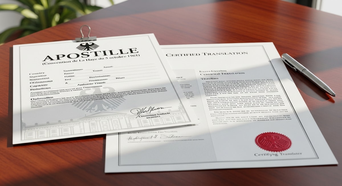 Official German apostille certificate with Hague Convention header attached to a certified translation document