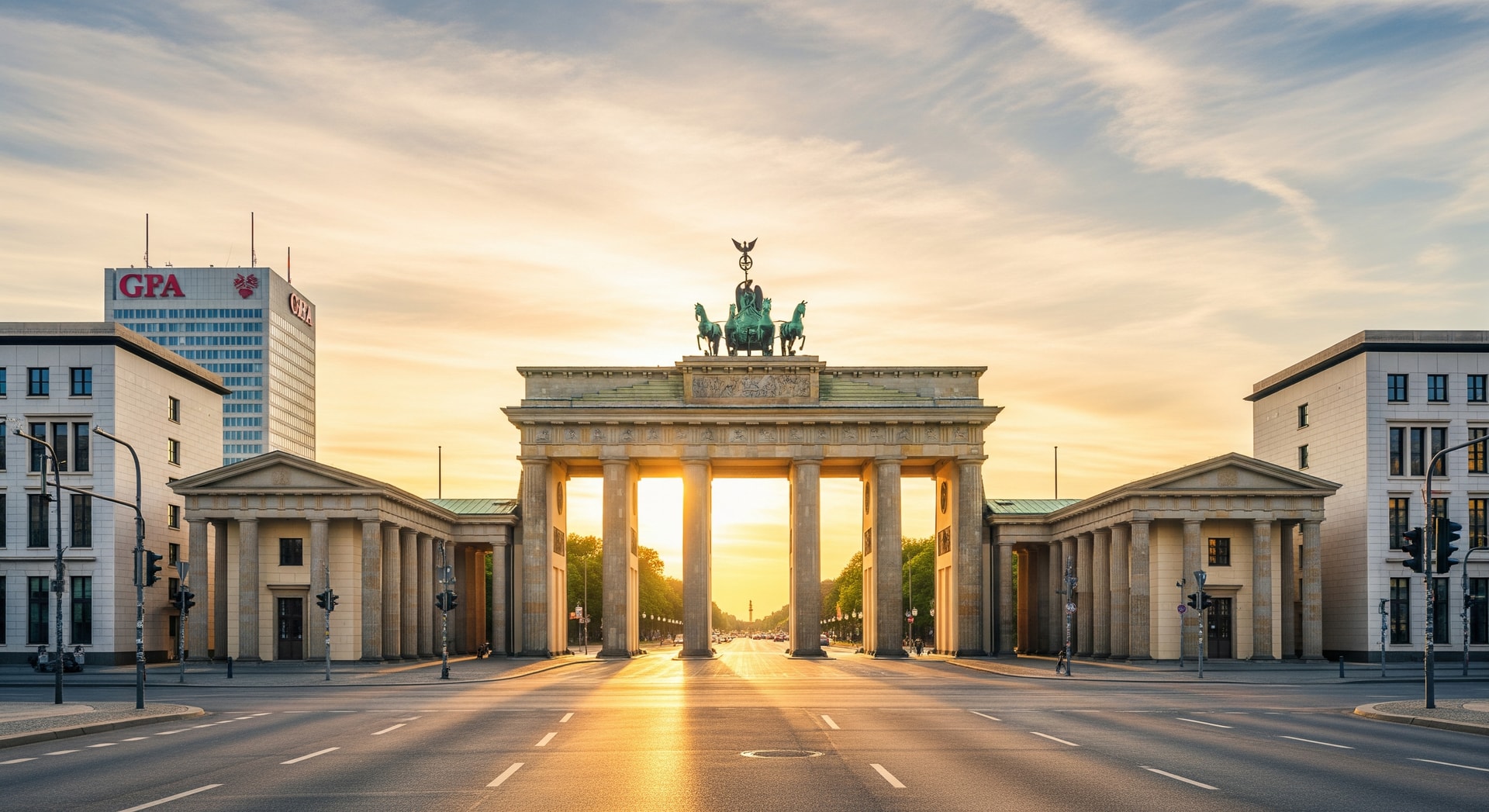 Brandenburg Gate in Berlin at golden hour with a modern European cityscape representing Germany's institutional and cultural heritage