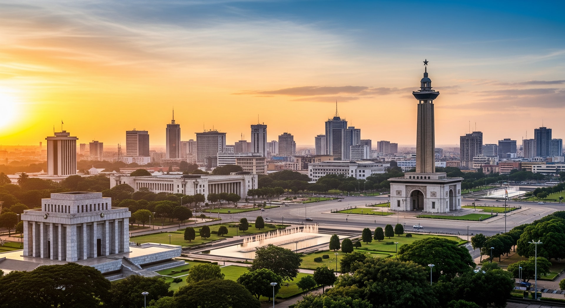 Accra skyline featuring Independence Square and the Kwame Nkrumah Memorial Park representing modern Ghana