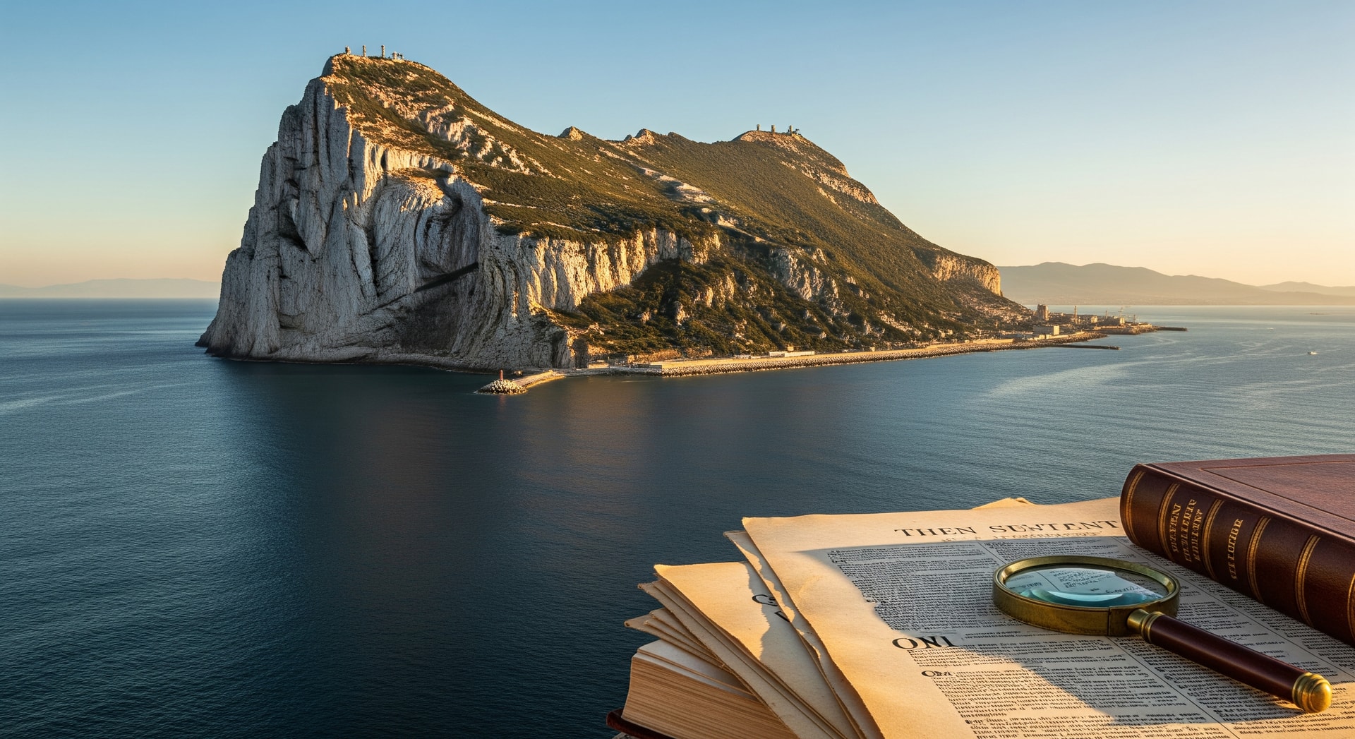 The Rock of Gibraltar at the entrance to the Mediterranean Sea, representing this British Overseas Territory at the southern tip of the Iberian Peninsula