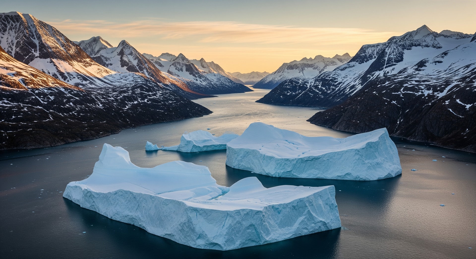 Greenland Arctic landscape with icebergs and fjords representing the world's largest island and autonomous territory within the Kingdom of Denmark