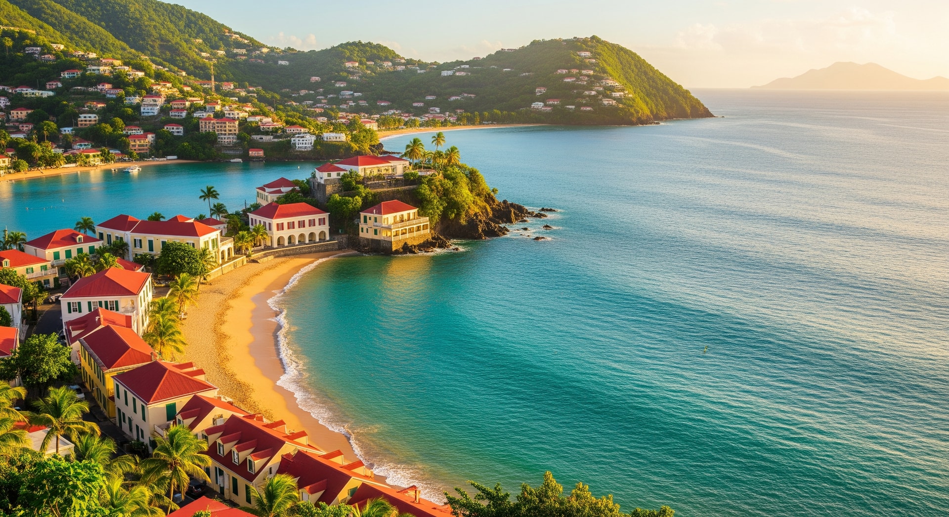 Scenic view of Grenada's coastline with historic buildings and Caribbean waters