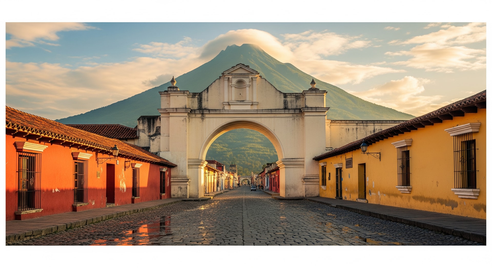 Panoramic view of Antigua Guatemala with the Arco de Santa Catalina and Volcán de Agua in the background representing Guatemala's rich cultural and institutional heritage