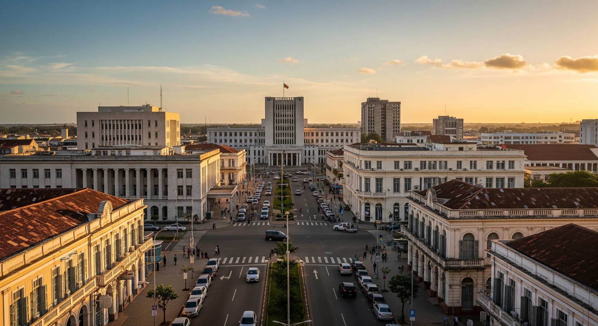 Bissau cityscape showing the Presidential Palace and Amílcar Cabral Avenue representing the administrative heart of Guinea-Bissau