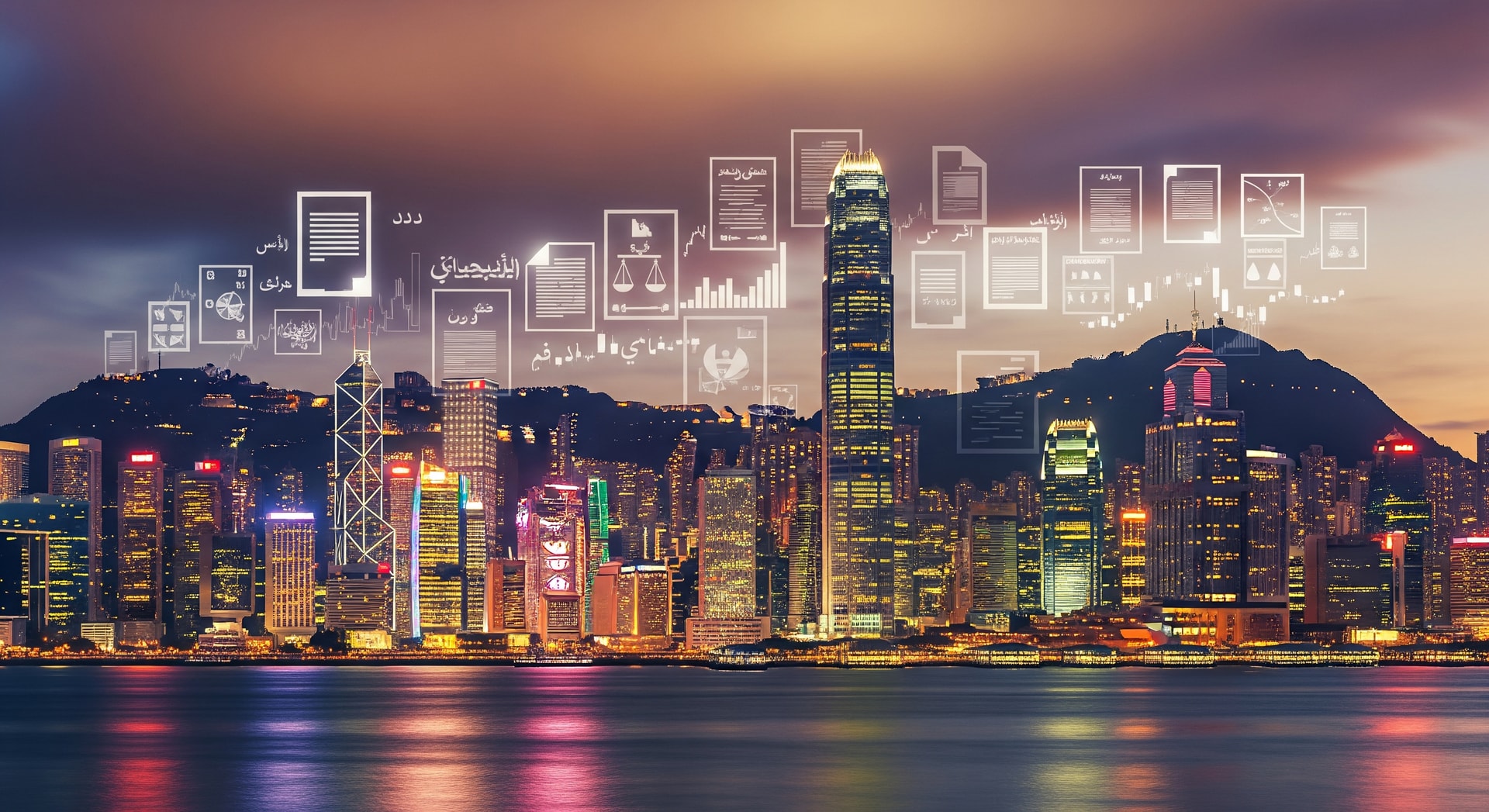 Hong Kong skyline with Victoria Harbour and Kowloon in the background, representing the SAR as a global financial hub requiring international document translation