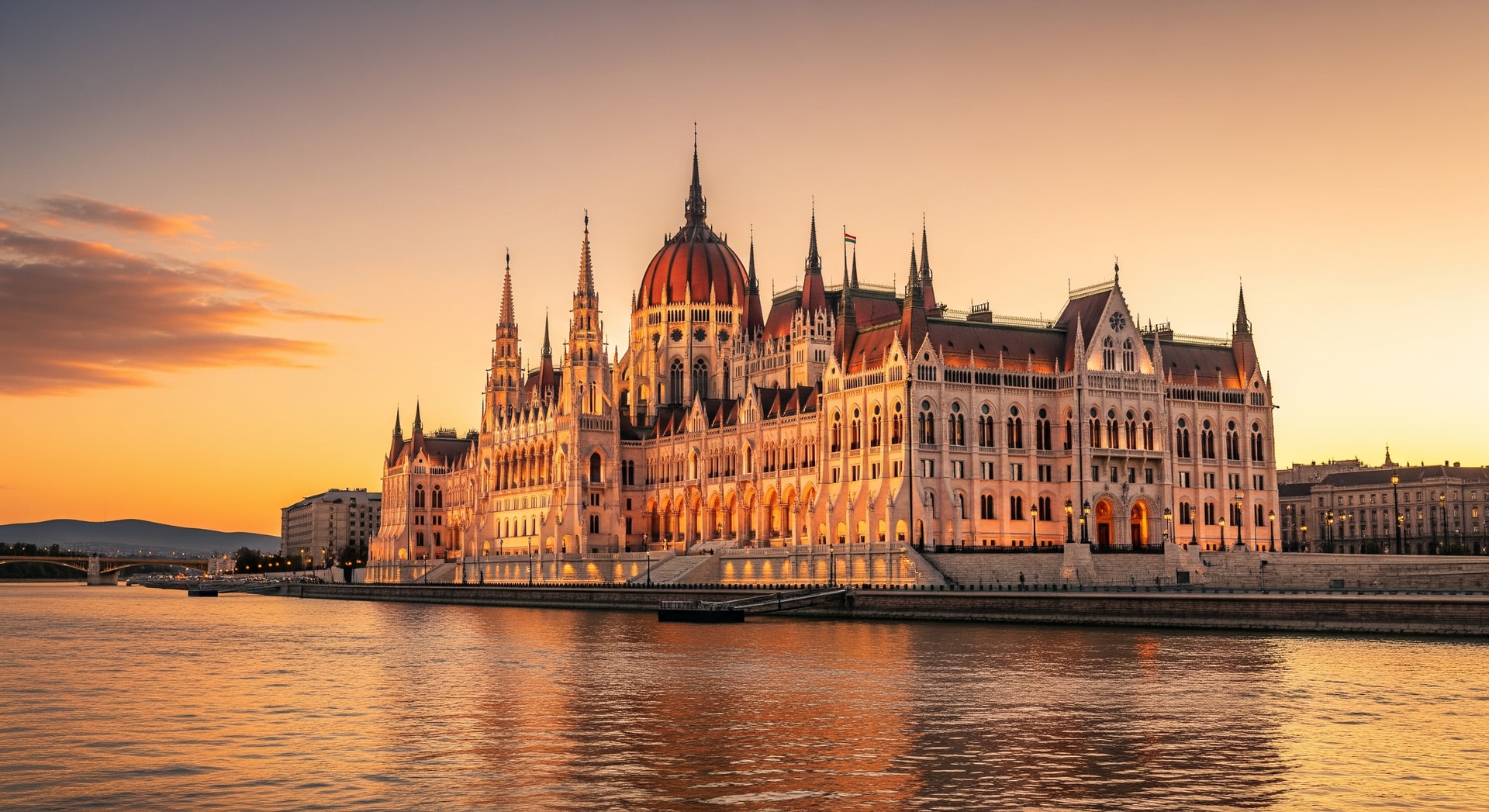 Panoramic view of the Hungarian Parliament Building along the Danube River in Budapest at golden hour representing Hungary's institutional heritage