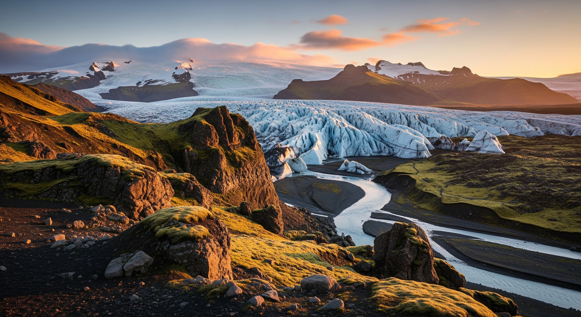 Dramatic Icelandic landscape with glaciers and volcanic terrain representing Iceland's unique natural heritage