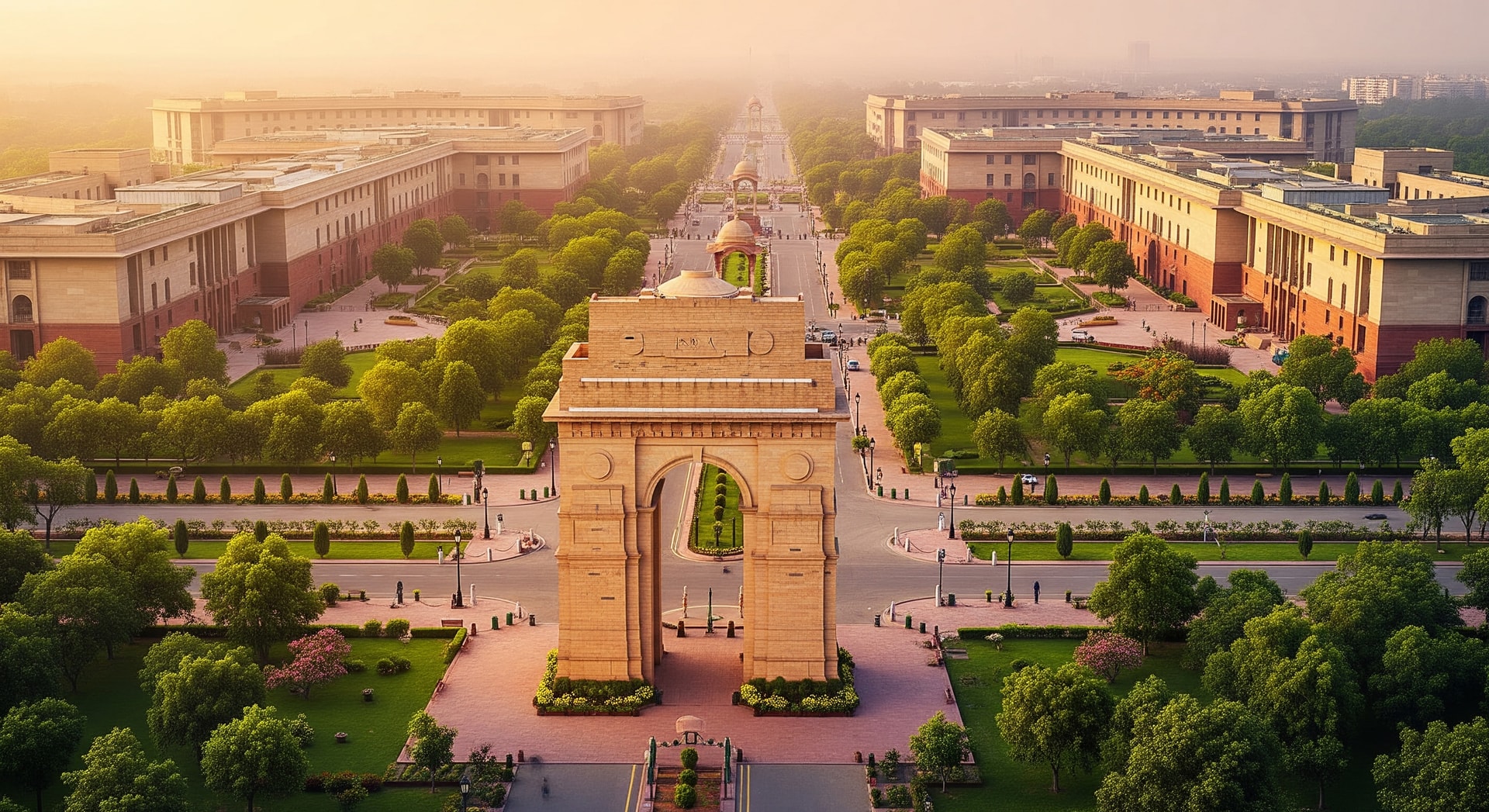India Gate in New Delhi with modern government buildings and lush greenery representing India's institutional and cultural heritage