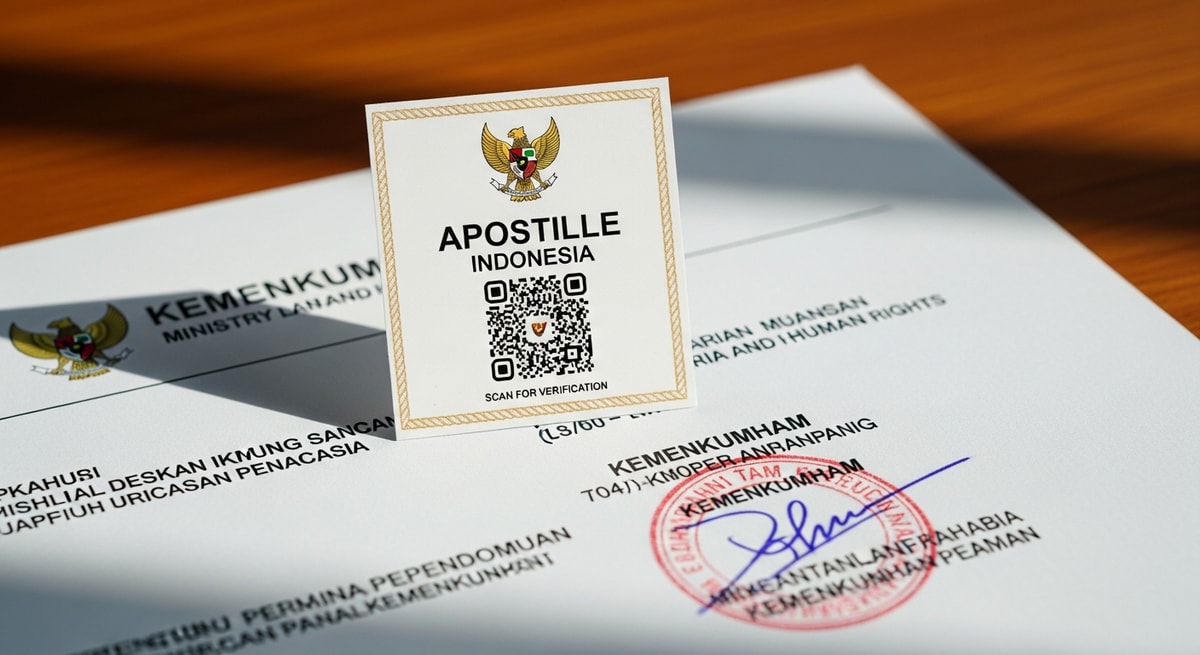 Official Indonesian apostille certificate with QR code verification affixed to a public document from Kemenkumham