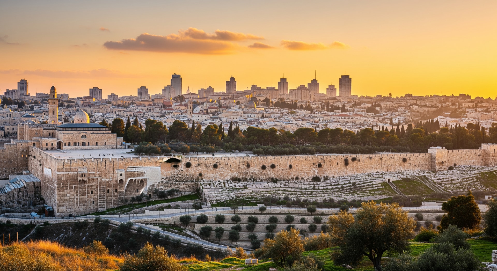 Panoramic view of Jerusalem's Old City walls and modern skyline at golden hour representing Israel's blend of ancient heritage and contemporary institutions