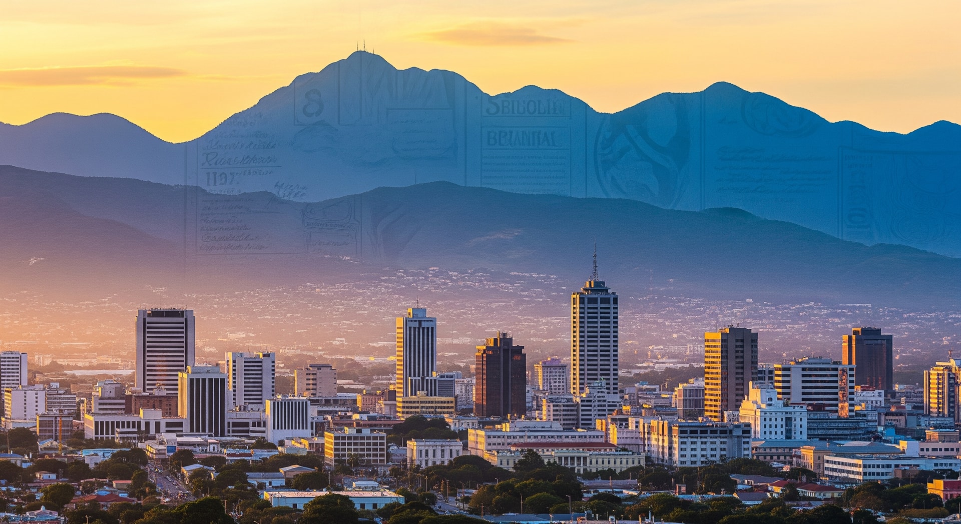Kingston skyline with the Blue Mountains in the background representing Jamaica's institutional and cultural landscape