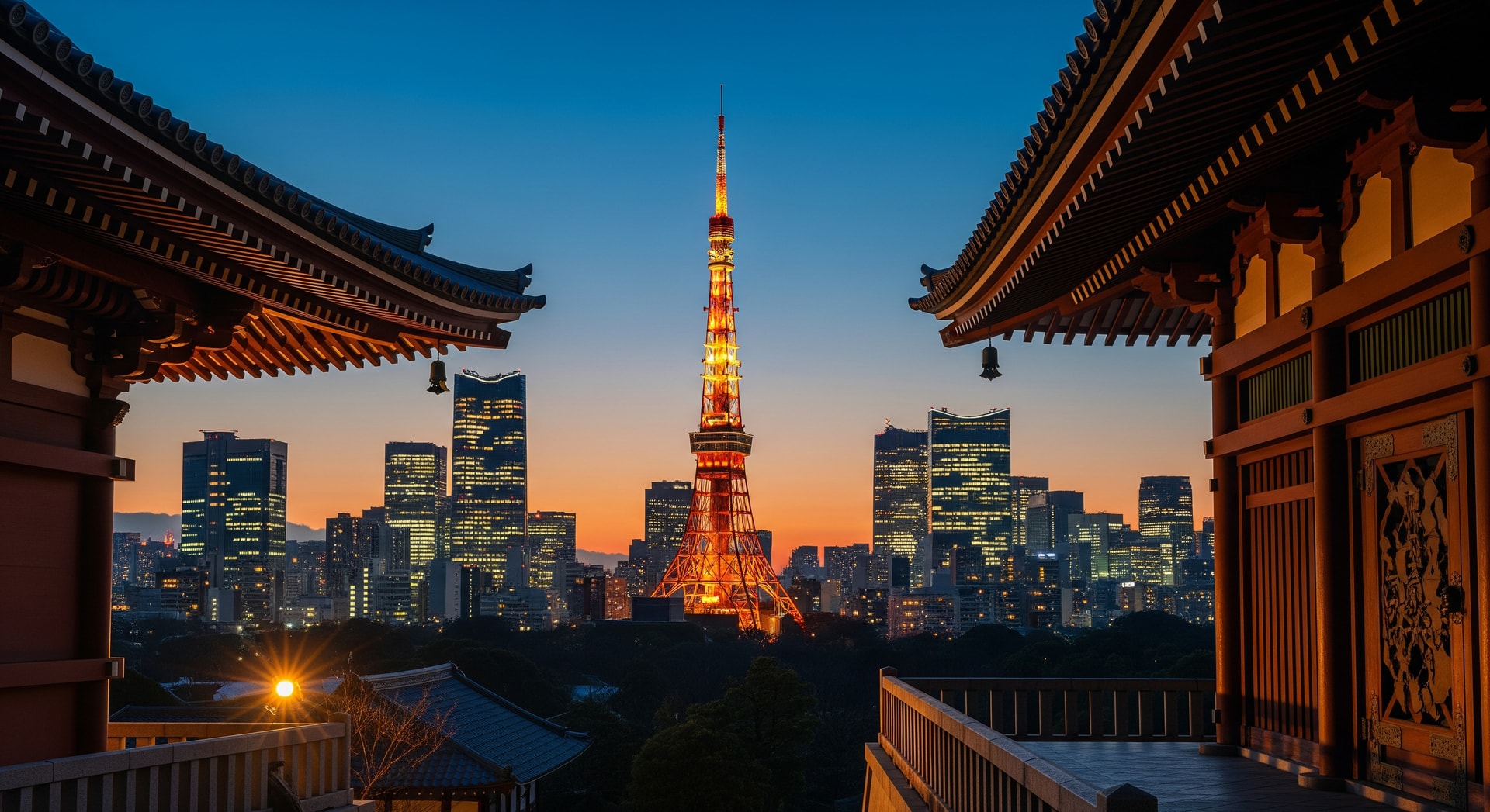 Tokyo Tower and modern skyscrapers in the Minato district at twilight with traditional Japanese architectural elements in the foreground