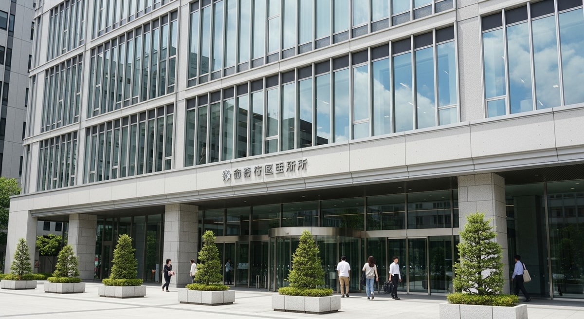 Exterior of a Japanese municipal ward office (kuyakusho) where koseki family registers are maintained and official extracts are issued