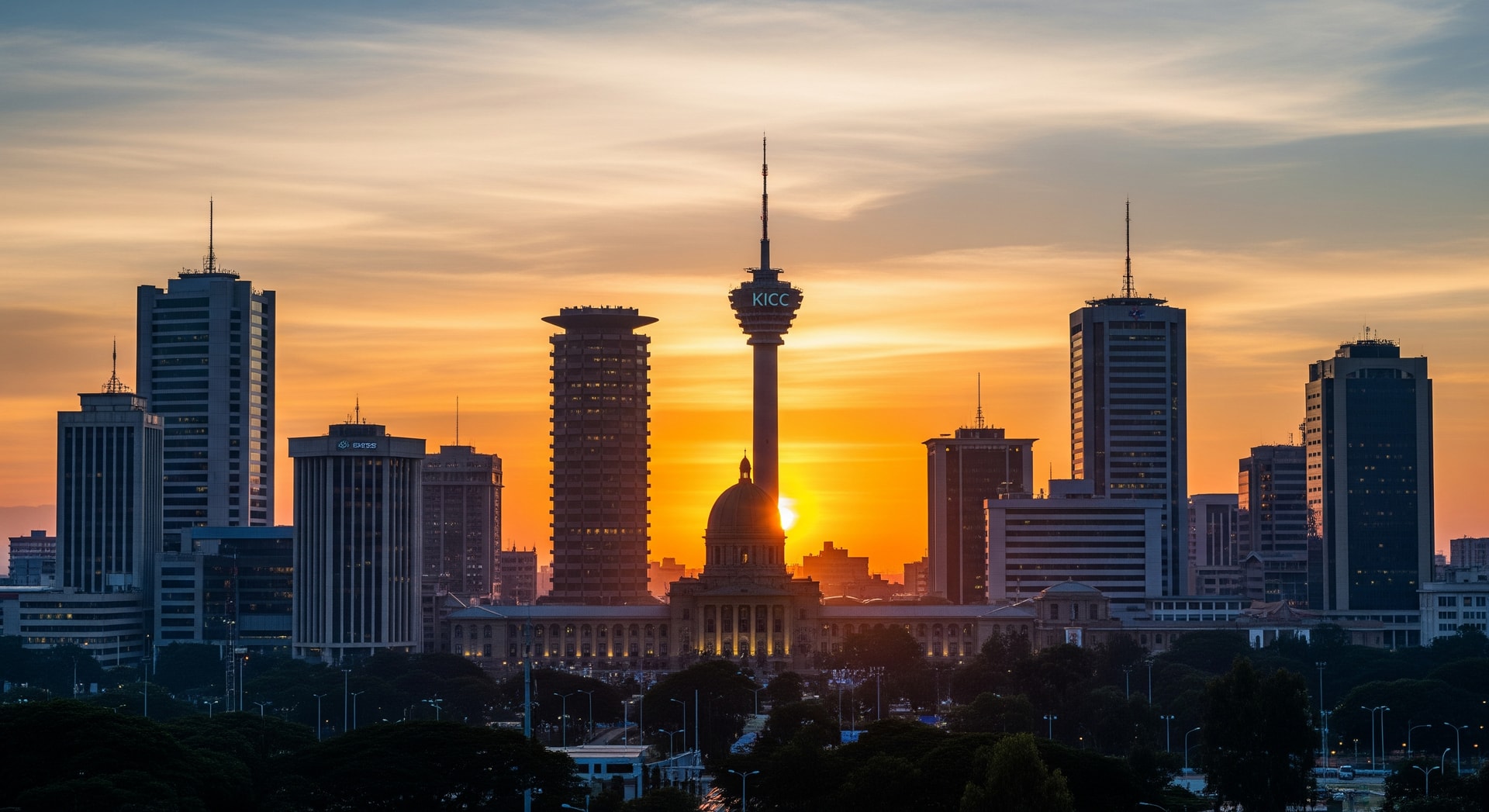 Nairobi skyline with the Kenyatta International Convention Centre and surrounding business district at sunset representing modern Kenya