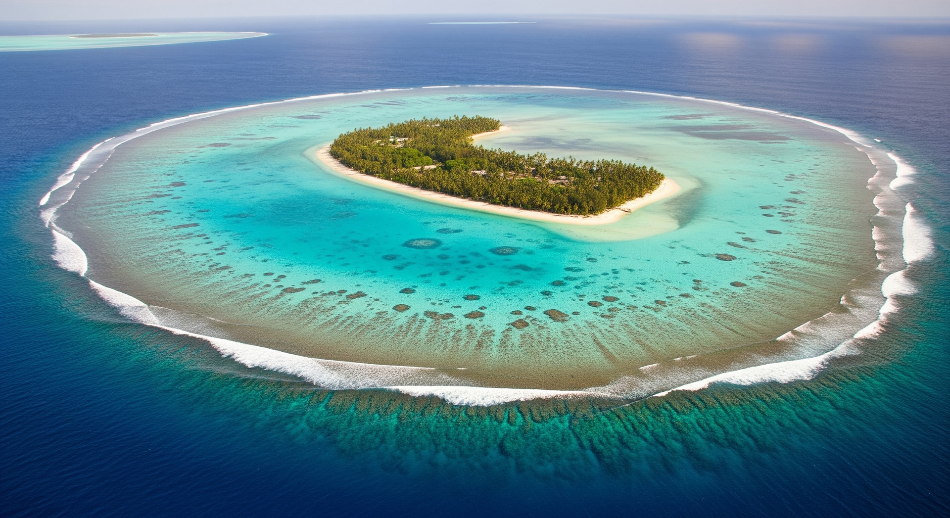Aerial view of a Kiribati atoll with turquoise lagoon and reef surrounding a low-lying island in the central Pacific Ocean