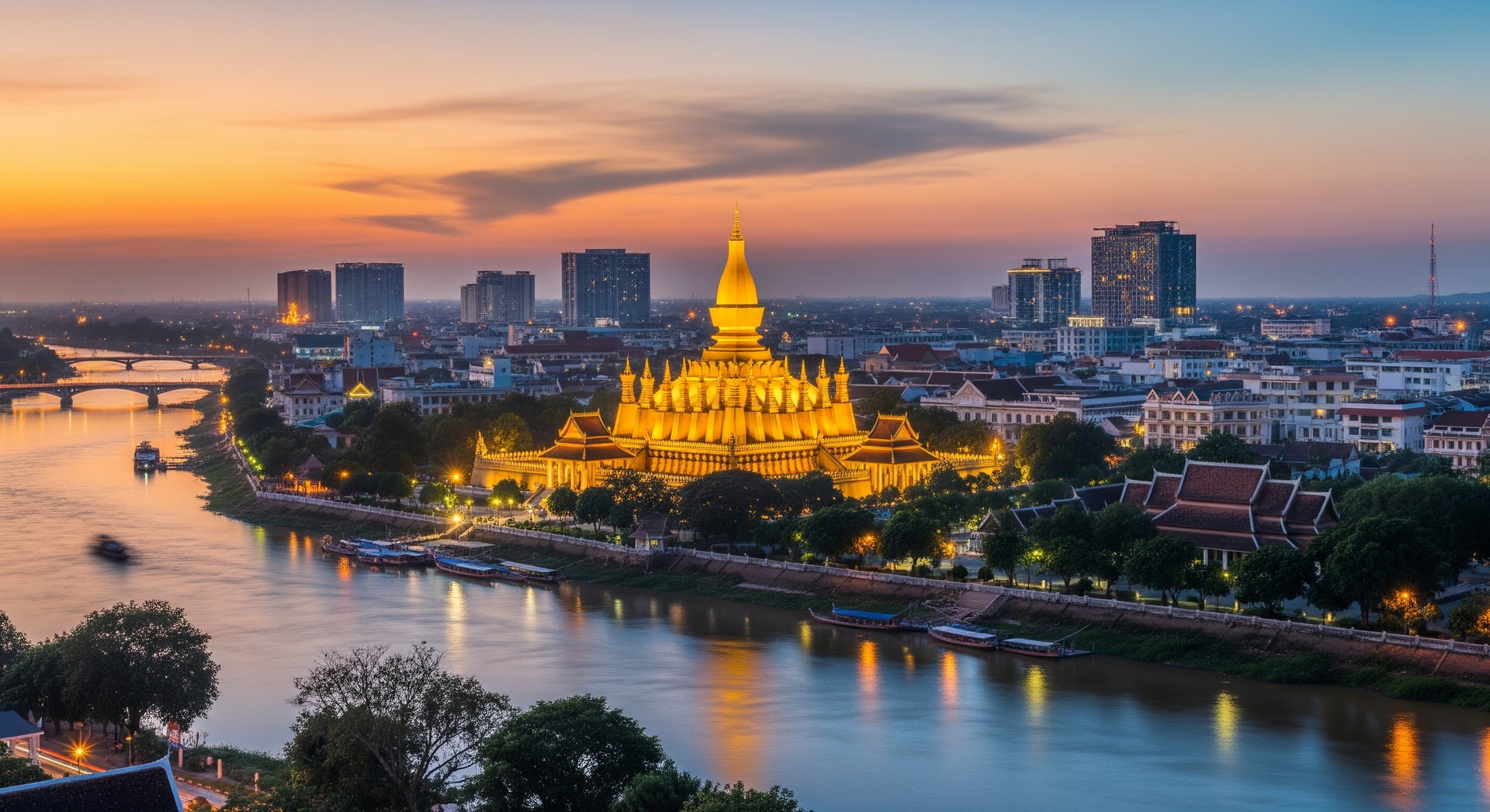 Vientiane skyline along the Mekong River with That Luang stupa representing Laos's administrative and cultural center
